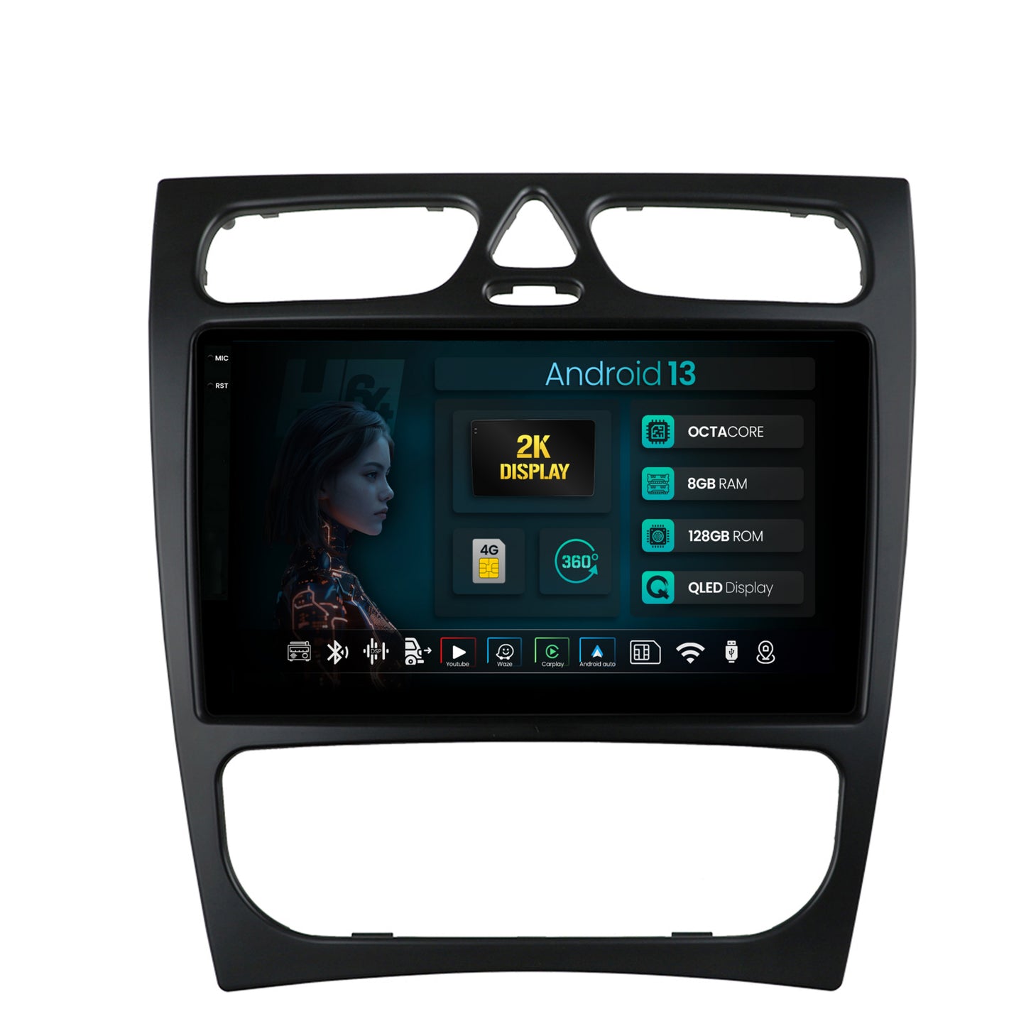 Navigatie 2K HUB64 Mercedes Benz C-Class W203 / CLK W209 (2000-2005), 8GB RAM, Android, Octacore, Slot Sim 4G, DSP, GPS, Wi-FI, Carplay, Android Auto, USB, Bluetooth, Waze, Touchscreen, 9.5 Inch