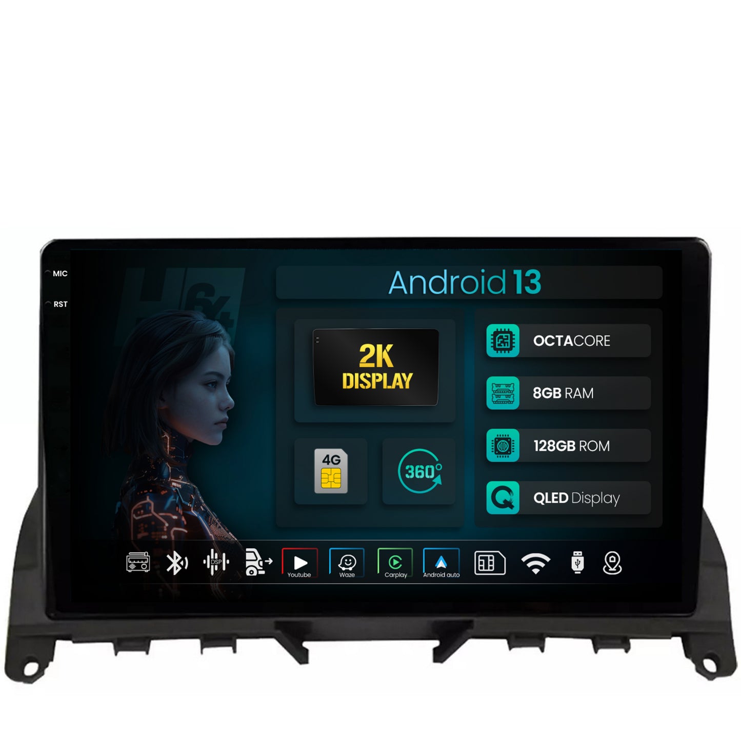 Navigatie 2K HUB64 Mercedes Benz C-Class W204 (2006-2012), 8GB RAM, Android, Octacore, Slot Sim 4G, DSP, GPS, Wi-FI, Carplay, Android Auto, USB, Bluetooth, Waze, Touchscreen, 9.5 Inch