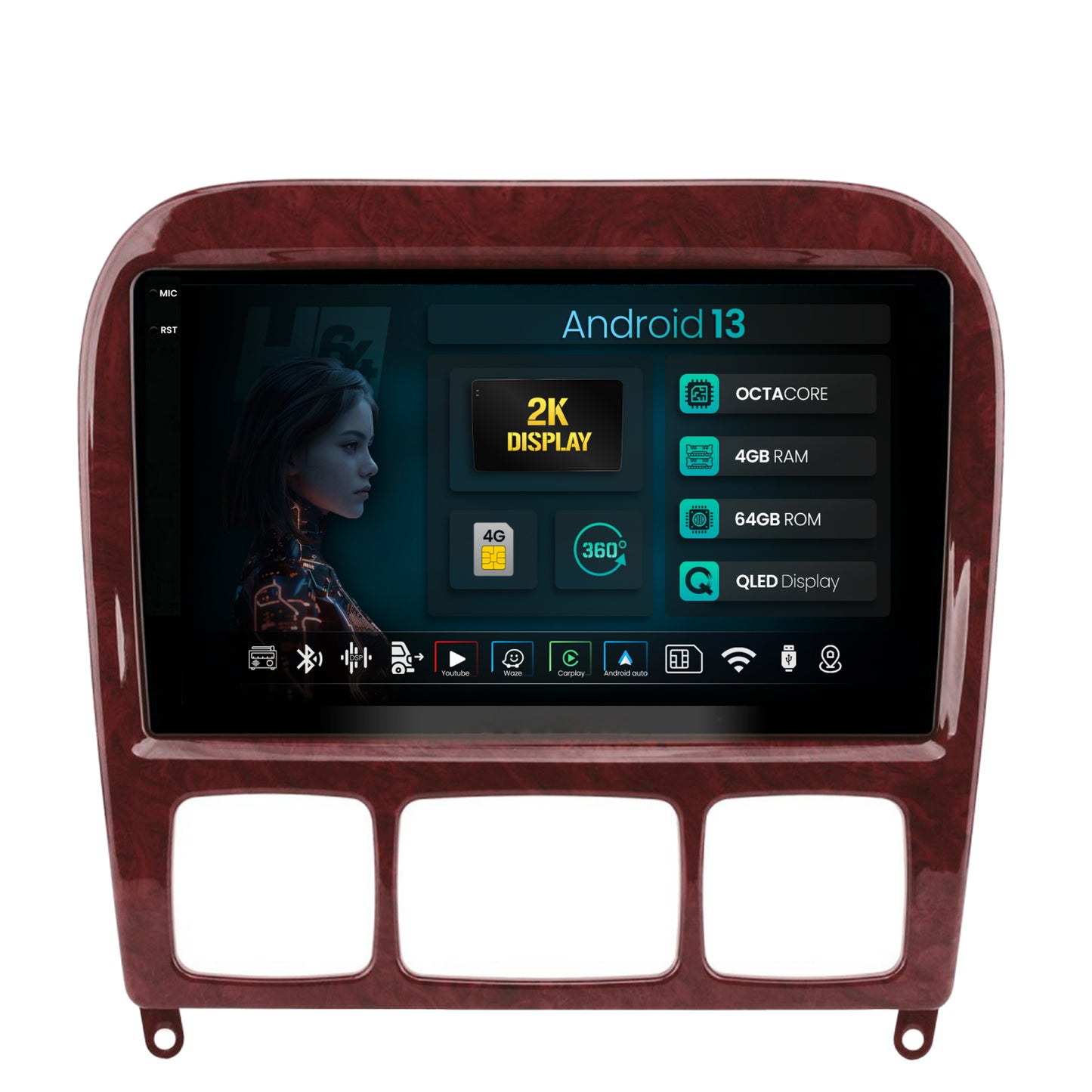 Navigatie 2K HUB64 Mercedes Benz S-Class (1998-2005), 4GB RAM, Android, Octacore, Slot Sim 4G, DSP, GPS, Wi-FI, Carplay, Android Auto, USB, Bluetooth, Waze, Touchscreen, 9.5 Inch
