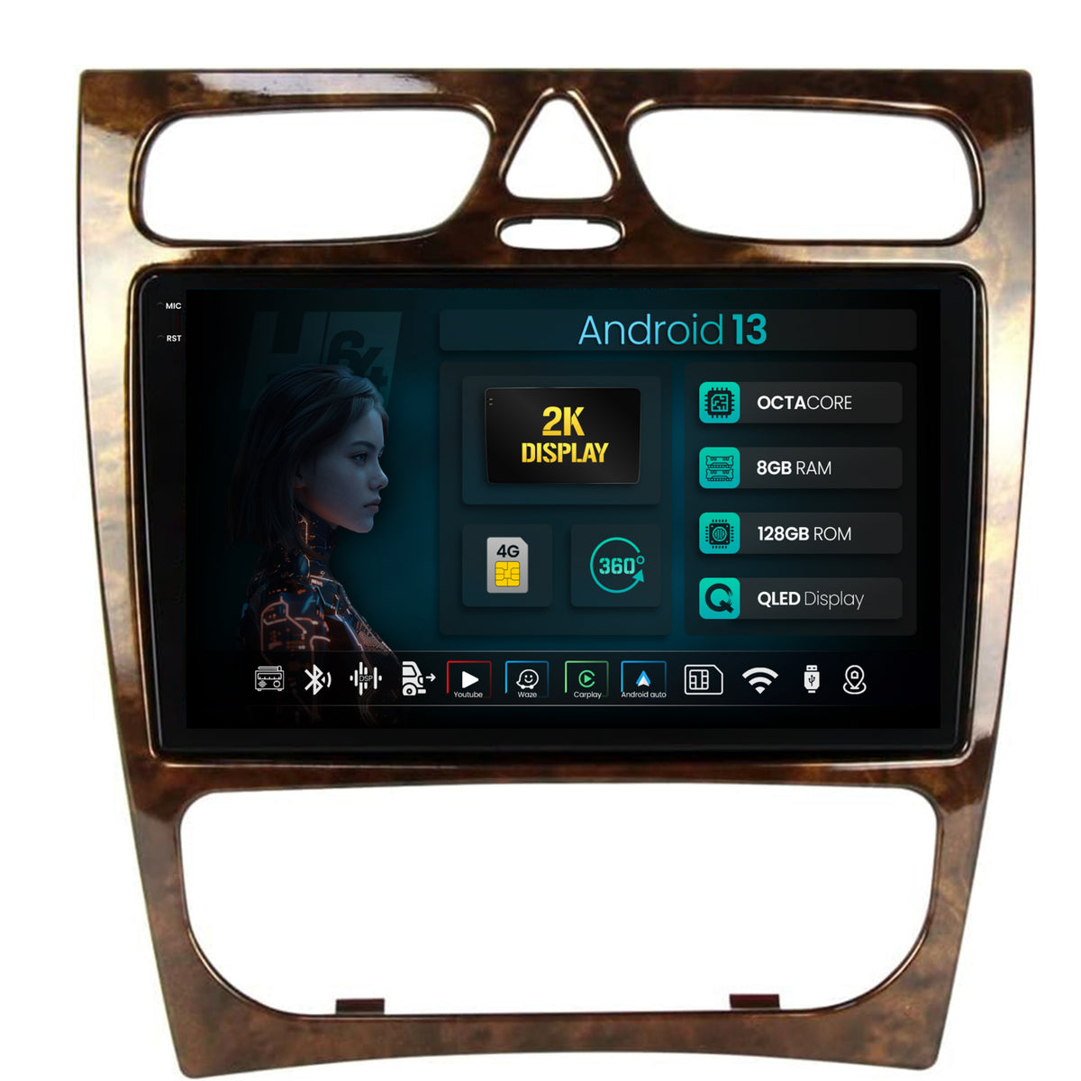 Navigatie 2K HUB64 Benz C Class (W203) (2002-2004), 8GB RAM, Android, Octacore, Slot Sim 4G, DSP, GPS, Wi-FI, Carplay, Android Auto, USB, Bluetooth, Waze, Touchscreen, 9.5 Inch