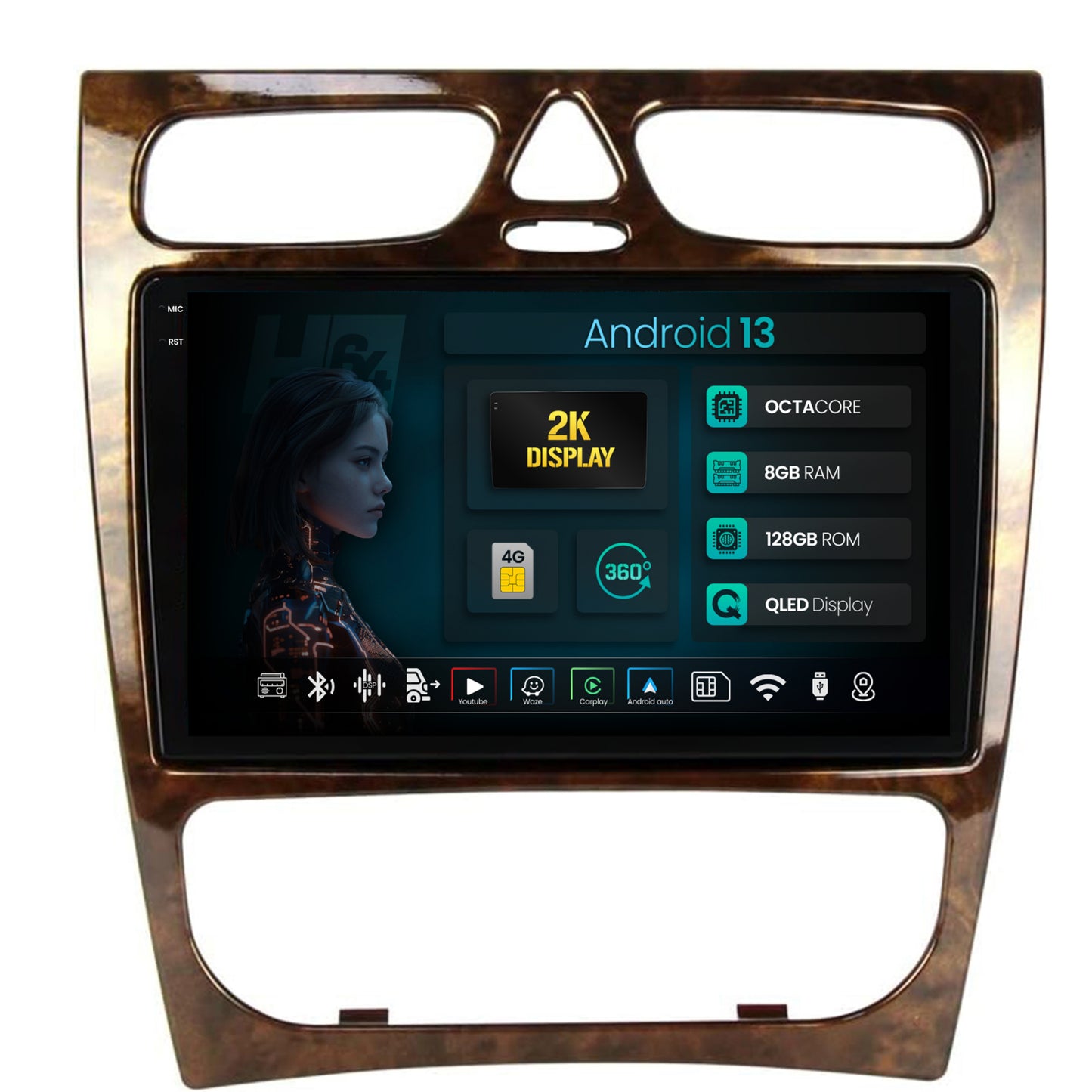 Navigatie 2K HUB64 Benz C Class (W203) (2002-2004), 8GB RAM, Android, Octacore, Slot Sim 4G, DSP, GPS, Wi-FI, Carplay, Android Auto, USB, Bluetooth, Waze, Touchscreen, 9.5 Inch