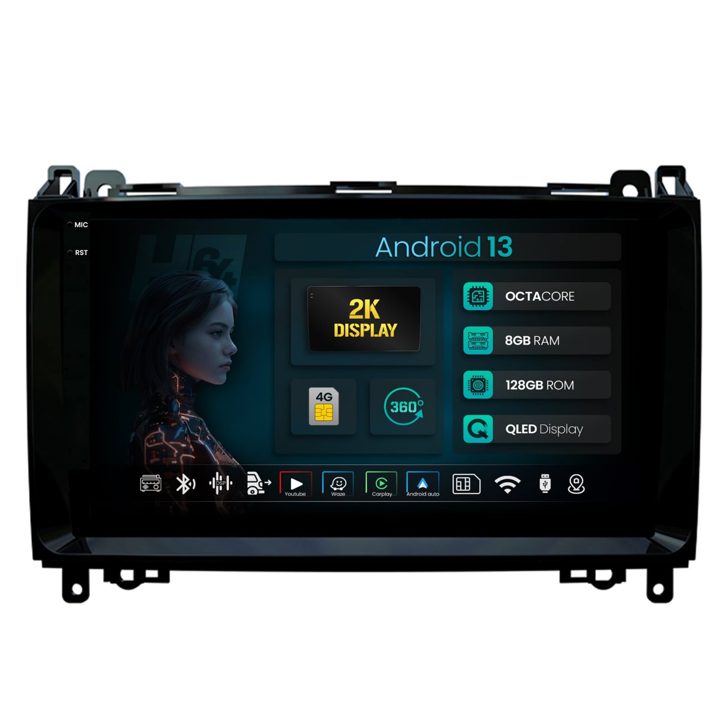 Navigatie 2K HUB64 Mercedes Benz Sprinter, Viano, Vito, A/B Class, Crafter, 8GB RAM, Android, Octacore, Slot Sim 4G, DSP, GPS, Wi-FI, Carplay, Android Auto, USB, Bluetooth, Waze, Touchscreen,