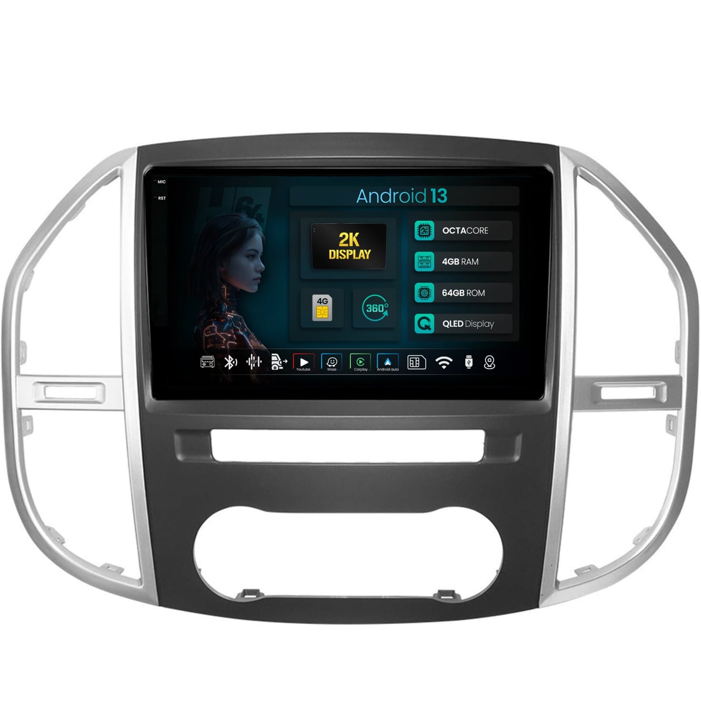 Navigatie 2K HUB64 Mercedes Benz Vito (2016+), 4GB RAM, Android, Octacore, Slot Sim 4G, DSP, GPS, Wi-FI, Carplay, Android Auto, USB, Bluetooth, Waze, Touchscreen, 9.5 Inch