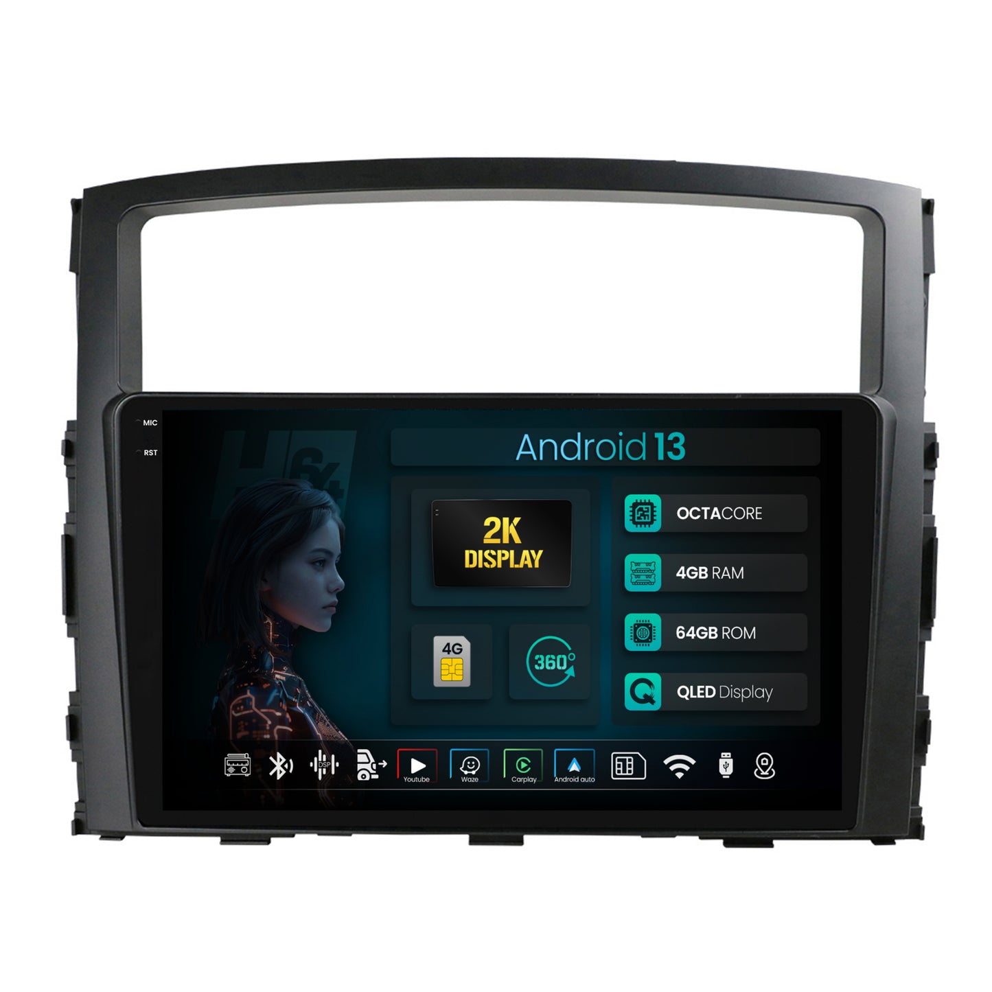 Navigatie 2K HUB64 Mitstubishi Pajero (2006-2014), 4GB RAM, Android, Octacore, Slot Sim 4G, DSP, GPS, Wi-FI, Carplay, Android Auto, USB, Bluetooth, Waze, Touchscreen, 9.5 Inch