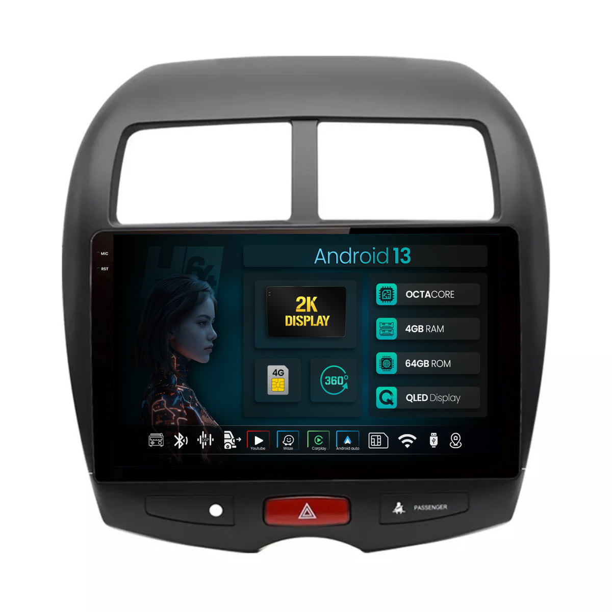 Navigatie 2K HUB64 Mitsubishi ASX / Peugeot 4008 (2010-2018), 4GB RAM, Android, Octacore, Slot Sim 4G, DSP, GPS, Wi-FI, Carplay, Android Auto, USB, Bluetooth, Waze, Touchscreen, 10.36 Inch