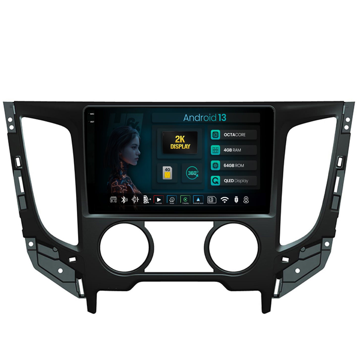 Navigatie 2K HUB64 Mitsubishi L200 (2014-2020), 4GB RAM, Android, Octacore, Slot Sim 4G, DSP, GPS, Wi-FI, Carplay, Android Auto, USB, Bluetooth, Waze, Touchscreen, 9.5 Inch