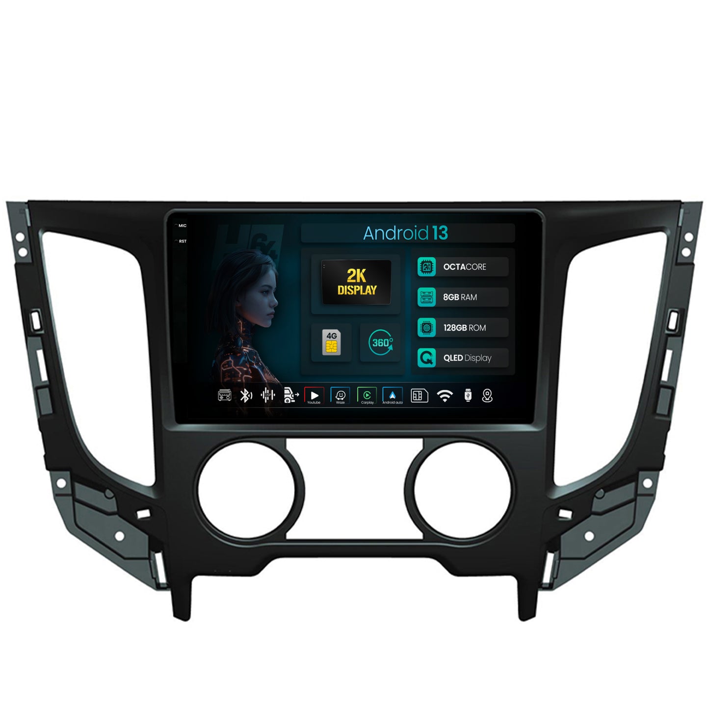 Navigatie 2K HUB64 Mitsubishi L200 (2014-2020), 8GB RAM, Android, Octacore, Slot Sim 4G, DSP, GPS, Wi-FI, Carplay, Android Auto, USB, Bluetooth, Waze, Touchscreen, 9.5 Inch