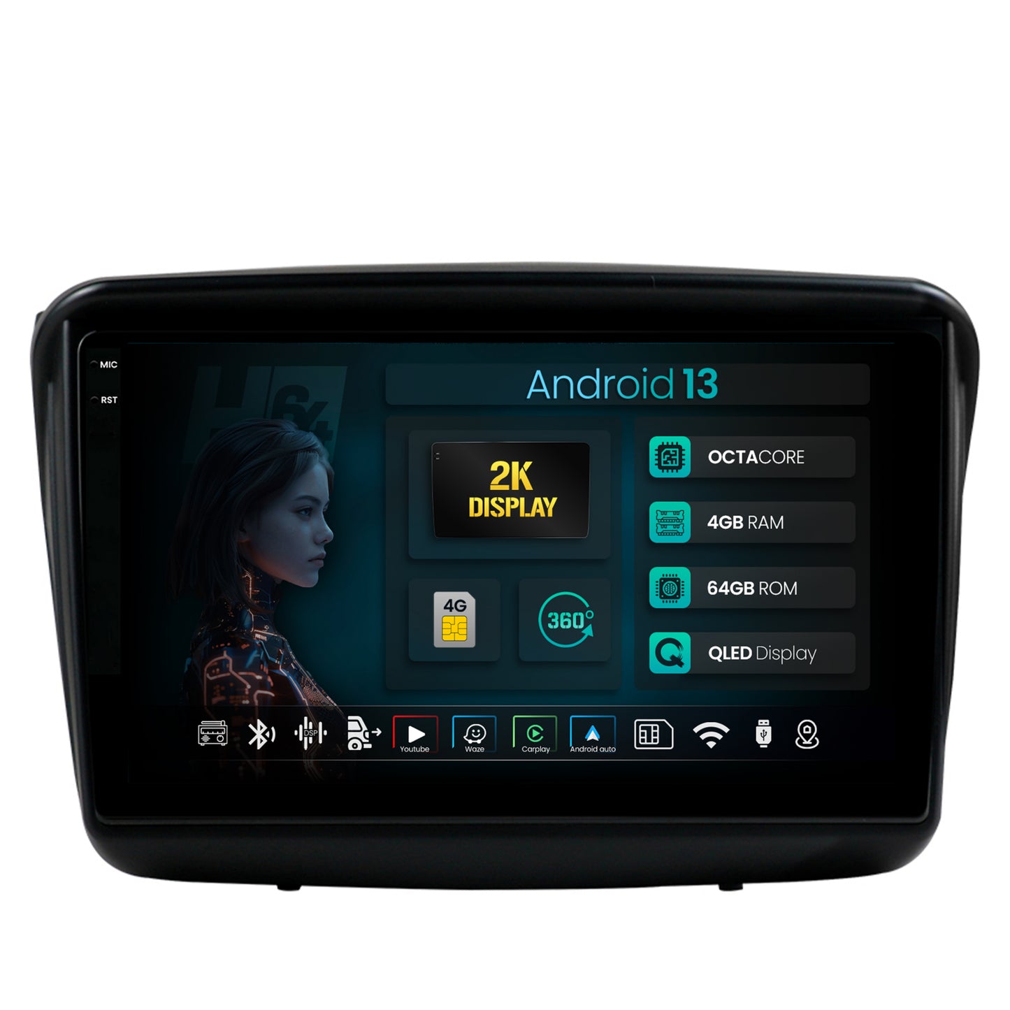 Navigatie 2K HUB64 Mitsubishi L200 / Pajero Sport, 4GB RAM, Android, Octacore, Slot Sim 4G, DSP, GPS, Wi-FI, Carplay, Android Auto, USB, Bluetooth, Waze, Touchscreen, 9.5 Inch