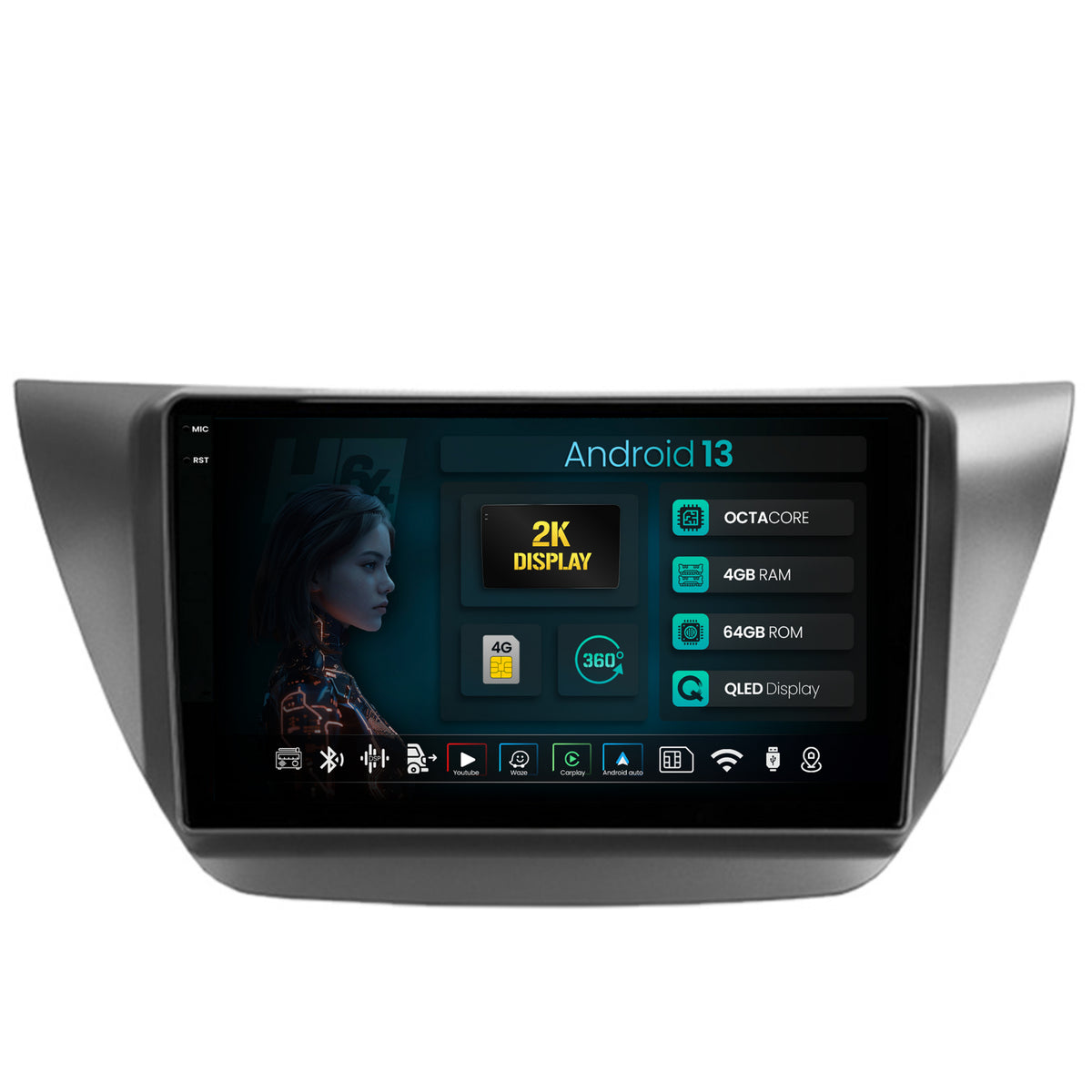 Navigatie 2K HUB64 Mitsubishi Lancer (2003-2007), 4GB RAM, Android, Octacore, Slot Sim 4G, DSP, GPS, Wi-FI, Carplay, Android Auto, USB, Bluetooth, Waze, Touchscreen, 9.5 Inch