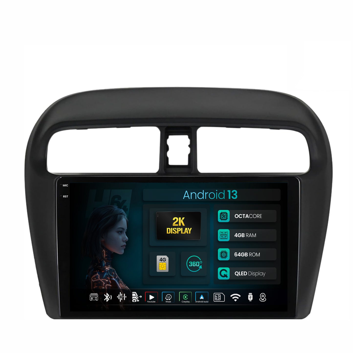 Navigatie 2K HUB64 Mitsubishi Space Star / Mirage / Attrage, 4GB RAM, Android, Octacore, Slot Sim 4G, DSP, GPS, Wi-FI, Carplay, Android Auto, USB, Bluetooth, Waze, Touchscreen, 9.5 Inch