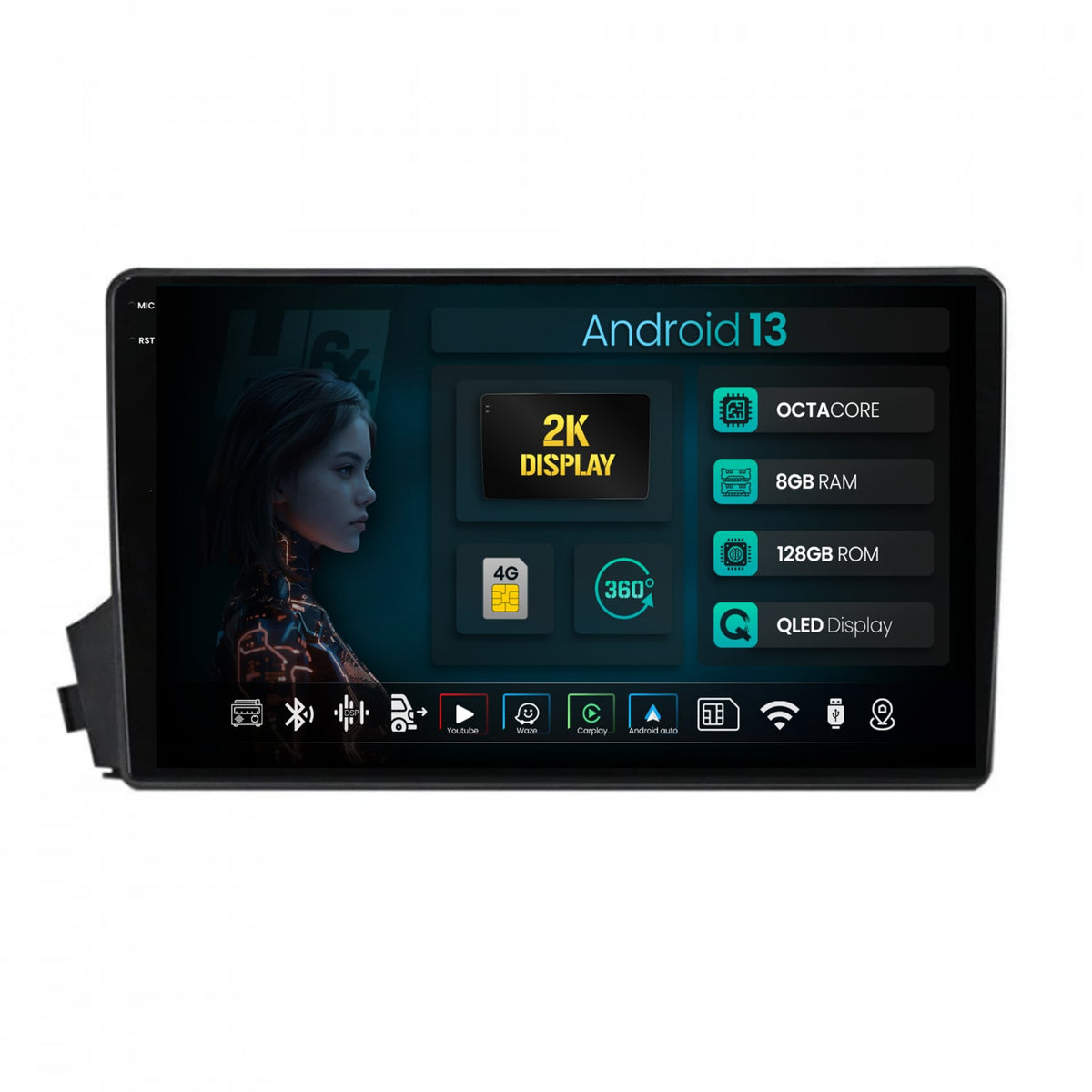Navigatie 2K HUB64 Ssangyong Actyon-Kyron (2005-2011), 8GB RAM, Android, Octacore, Slot Sim 4G, DSP, GPS, Wi-FI, Carplay, Android Auto, USB, Bluetooth, Waze, Touchscreen, 9.5 Inch