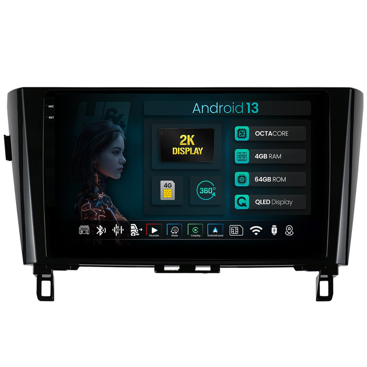 Navigatie 2K HUB64 Nissan Qashqai / X-Trail (2013+), 4GB RAM, Android, Octacore, Slot Sim 4G, DSP, GPS, Wi-FI, Carplay, Android Auto, USB, Bluetooth, Waze, Touchscreen, 10.36 Inch