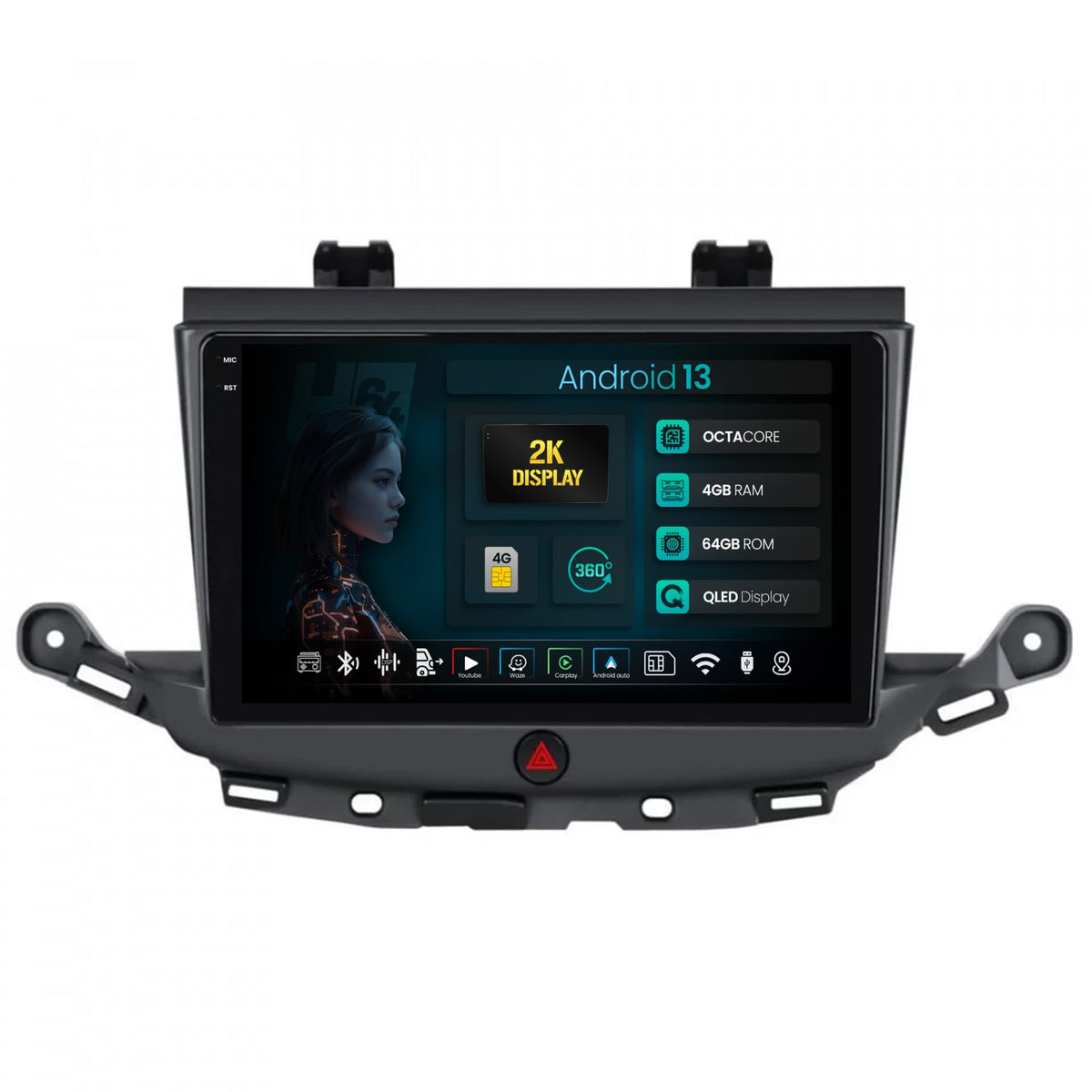 Navigatie 2K HUB64 Opel Astra K, 4GB RAM, Android, Octacore, Slot Sim 4G, DSP, GPS, Wi-FI, Carplay, Android Auto, USB, Bluetooth, Waze, Touchscreen, 9.5 Inch