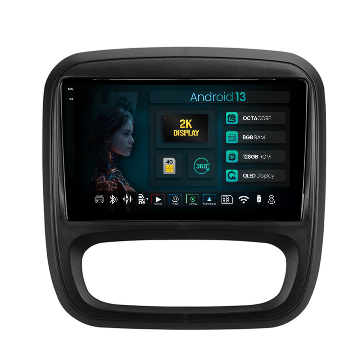 Navigatie 2K HUB64 Opel Vivaro / Renault Trafic / Fiat Talento (2014-2017), 8GB RAM, Android, Octacore, Slot Sim 4G, DSP, GPS, Wi-FI, Carplay, Android Auto, USB, Bluetooth, Waze, Touchscreen, 9.5 I
