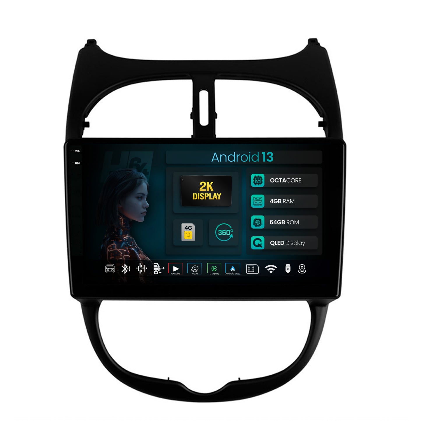 Navigatie 2K HUB64 Peugeot 206 (1998-2012), 4GB RAM, Android, Octacore, Slot Sim 4G, DSP, GPS, Wi-FI, Carplay, Android Auto, USB, Bluetooth, Waze, Touchscreen, 9.5 Inch
