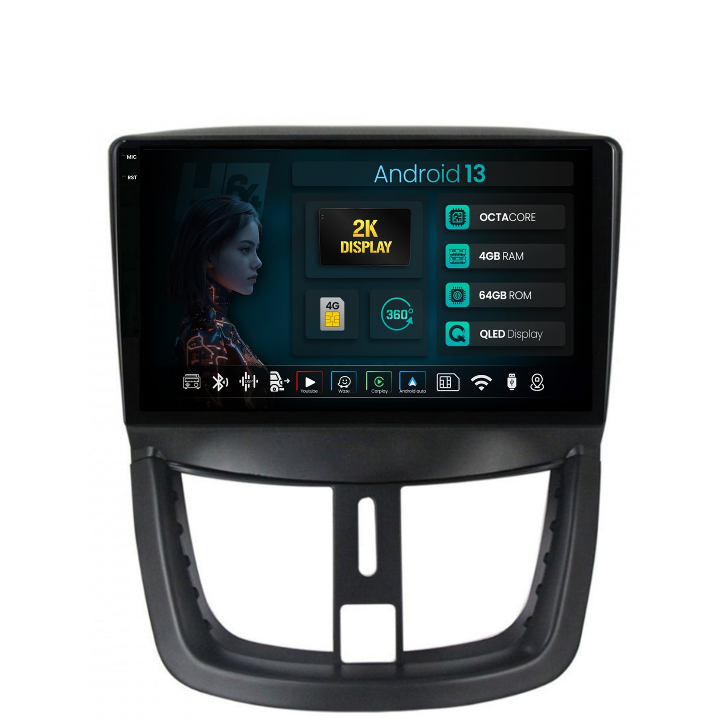 Navigatie 2K HUB64 Peugeot 207, 4GB RAM, Android, Octacore, Slot Sim 4G, DSP, GPS, Wi-FI, Carplay, Android Auto, USB, Bluetooth, Waze, Touchscreen, 9.5 Inch