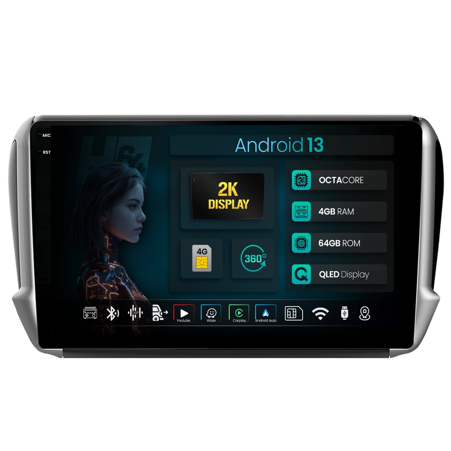Navigatie 2K HUB64 Peugeot 208/2008 (2012+), 4GB RAM, Android, Octacore, Slot Sim 4G, DSP, GPS, Wi-FI, Carplay, Android Auto, USB, Bluetooth, Waze, Touchscreen, 10.36 Inch