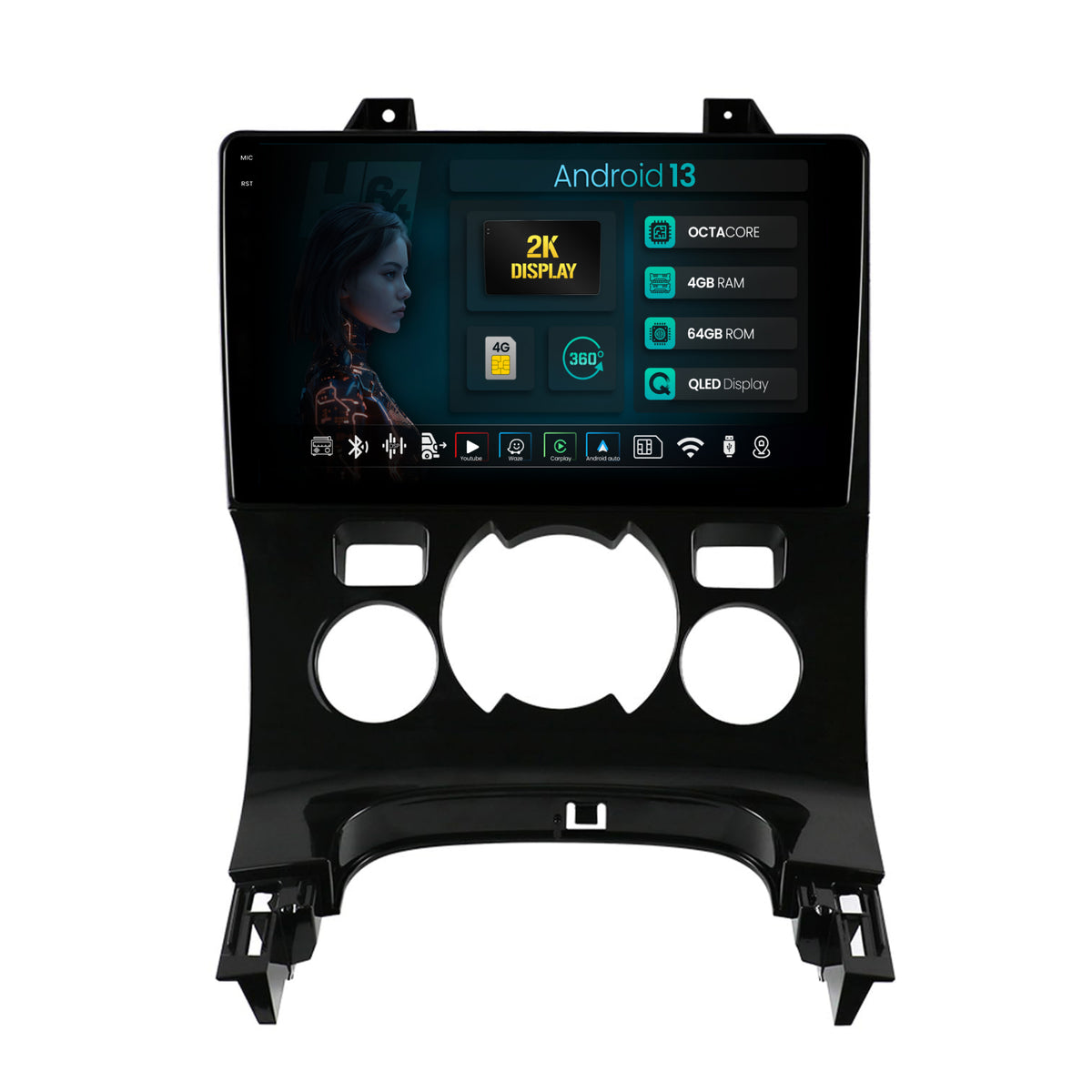 Navigatie 2K HUB64 Peugeot 3008/5008, 4GB RAM, Android, Octacore, Slot Sim 4G, DSP, GPS, Wi-FI, Carplay, Android Auto, USB, Bluetooth, Waze, Touchscreen, 9.5 Inch