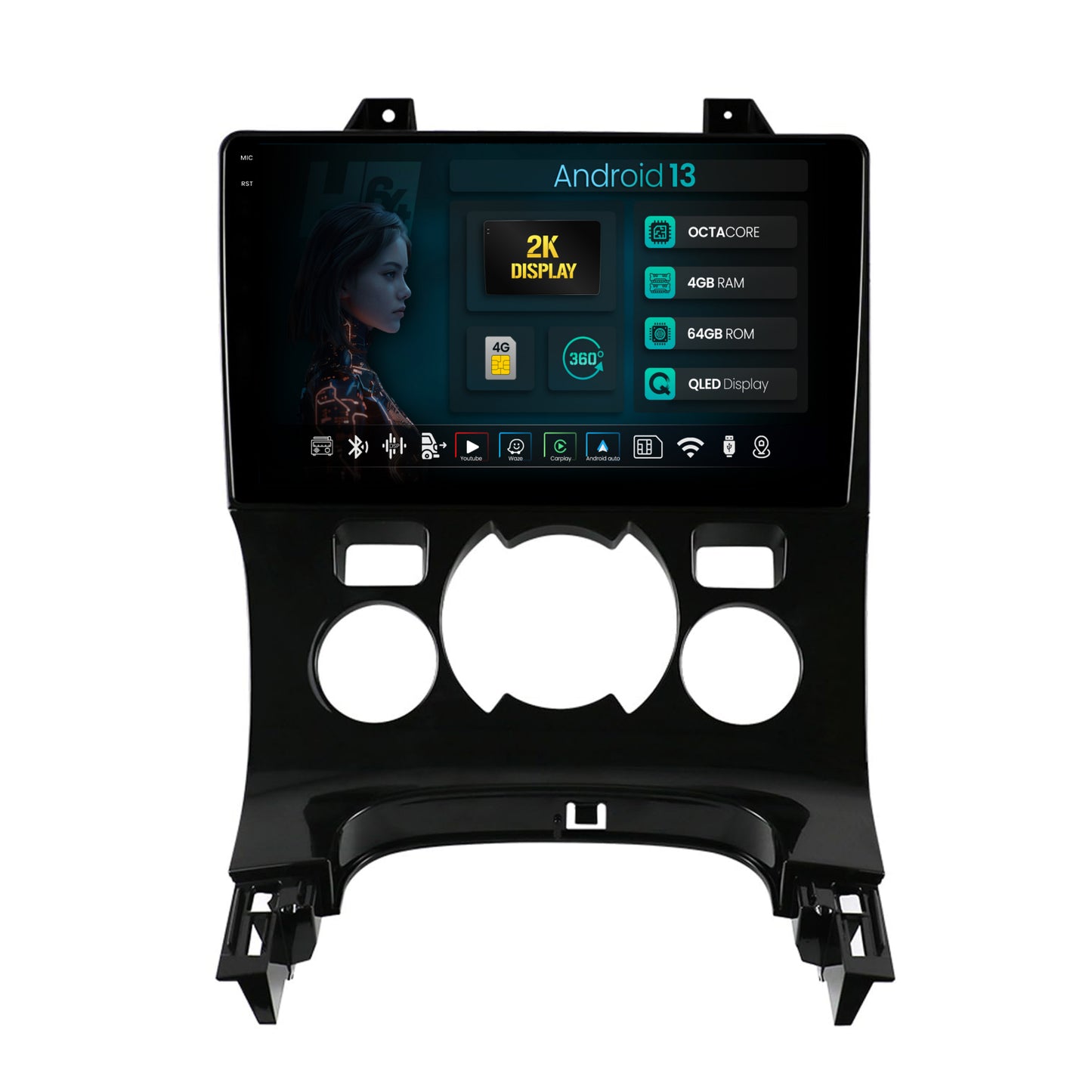 Navigatie 2K HUB64 Peugeot 3008/5008, 4GB RAM, Android, Octacore, Slot Sim 4G, DSP, GPS, Wi-FI, Carplay, Android Auto, USB, Bluetooth, Waze, Touchscreen, 9.5 Inch