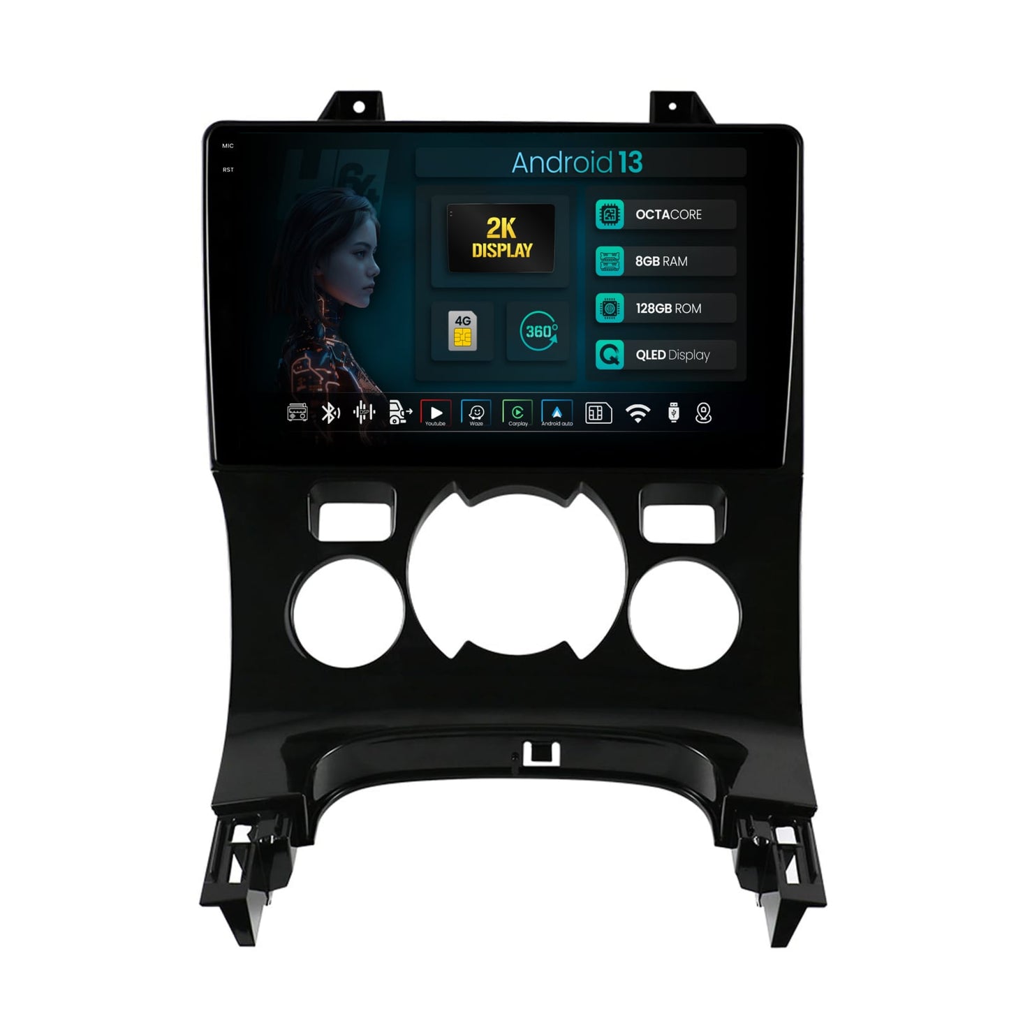 Navigatie 2K HUB64 Peugeot 3008/5008, 8GB RAM, Android, Octacore, Slot Sim 4G, DSP, GPS, Wi-FI, Carplay, Android Auto, USB, Bluetooth, Waze, Touchscreen, 9.5 Inch
