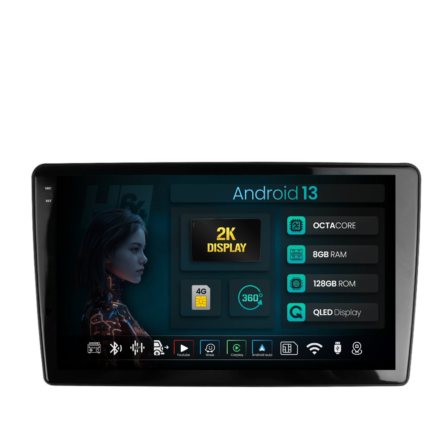 Navigatie 2K HUB64 Peugeot 307, 8GB RAM, Android, Octacore, Slot Sim 4G, DSP, GPS, Wi-FI, Carplay, Android Auto, USB, Bluetooth, Waze, Touchscreen, 9.5 Inch