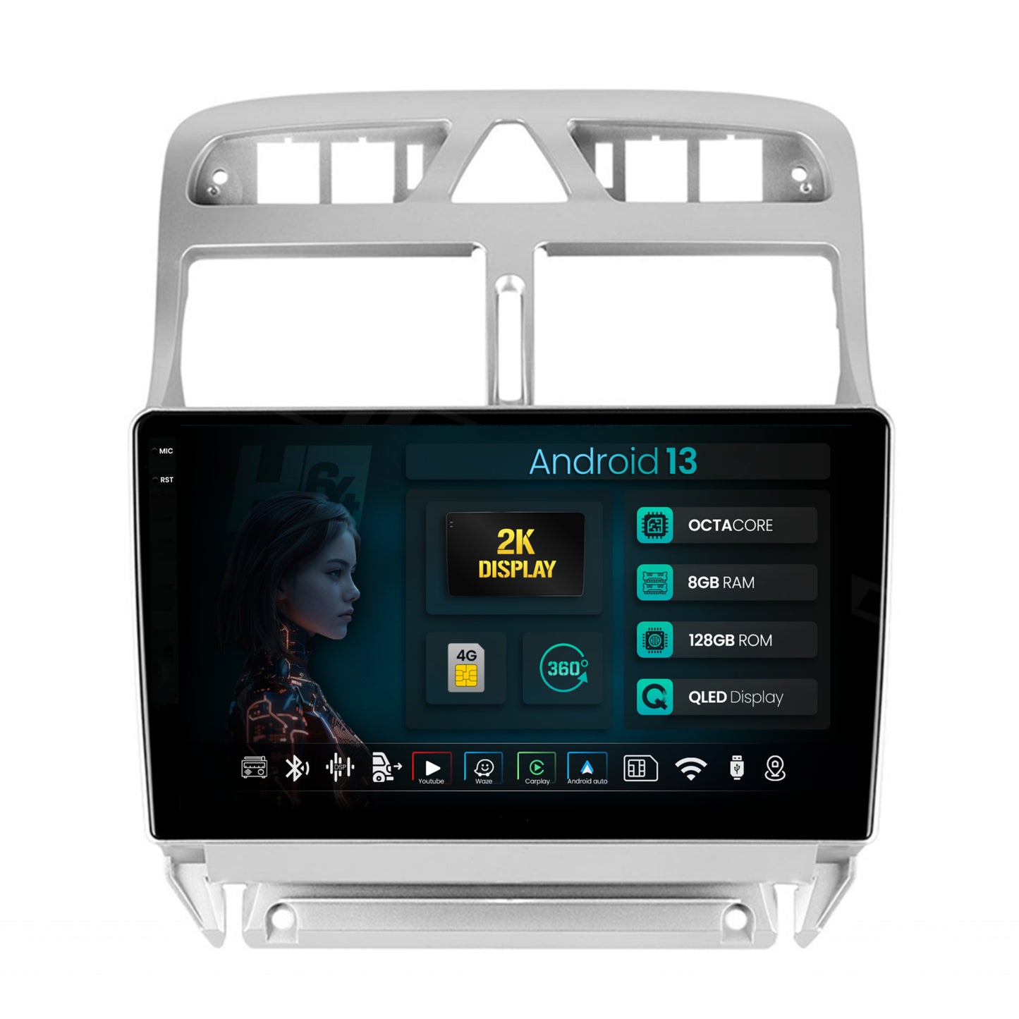 Navigatie 2K HUB64 Peugeot 307, 8GB RAM, Android, Octacore, Slot Sim 4G, DSP, GPS, Wi-FI, Carplay, Android Auto, USB, Bluetooth, Waze, Touchscreen, 9.5 Inch