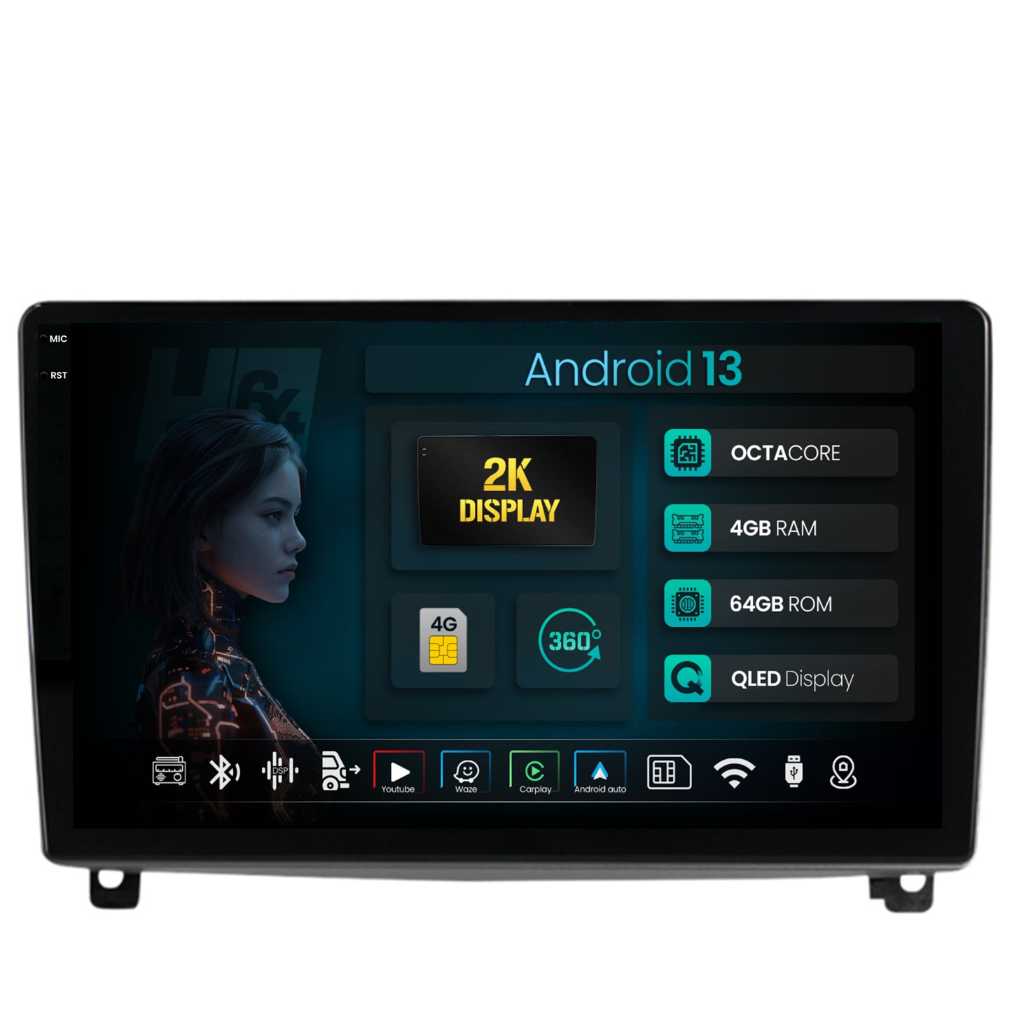 Navigatie 2K HUB64 Peugeot 407 (2004-2011), 4GB RAM, Android, Octacore, Slot Sim 4G, DSP, GPS, Wi-FI, Carplay, Android Auto, USB, Bluetooth, Waze, Touchscreen, 9.5 Inch