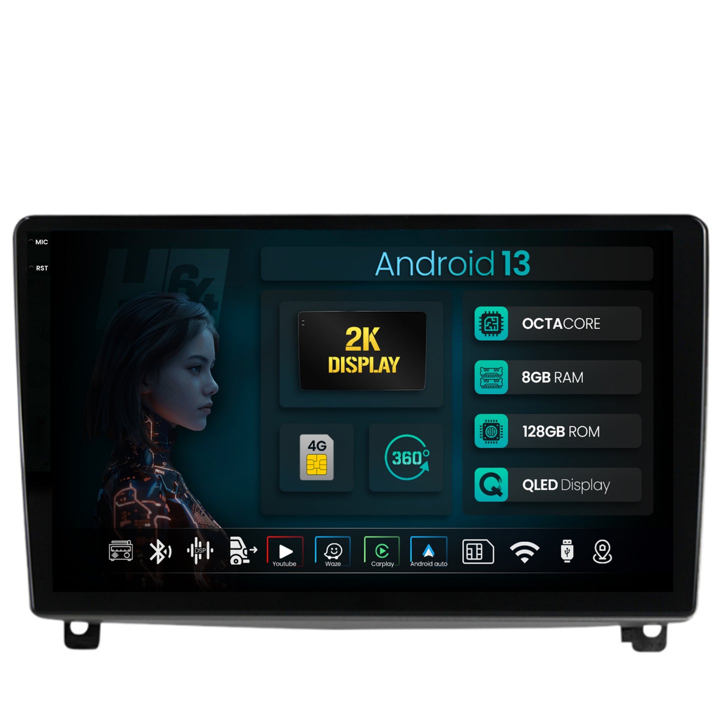 Navigatie 2K HUB64 Peugeot 407 (2004-2011), 8GB RAM, Android, Octacore, Slot Sim 4G, DSP, GPS, Wi-FI, Carplay, Android Auto, USB, Bluetooth, Waze, Touchscreen, 9.5 Inch