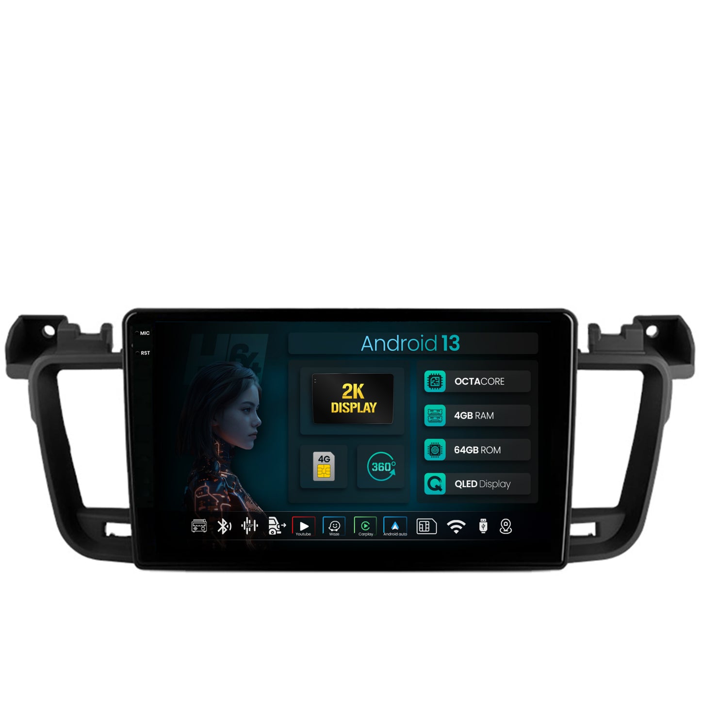 Navigatie 2K HUB64 Peugeot 508 (2010-2018), 4GB RAM, Android, Octacore, Slot Sim 4G, DSP, GPS, Wi-FI, Carplay, Android Auto, USB, Bluetooth, Waze, Touchscreen, 9.5 Inch
