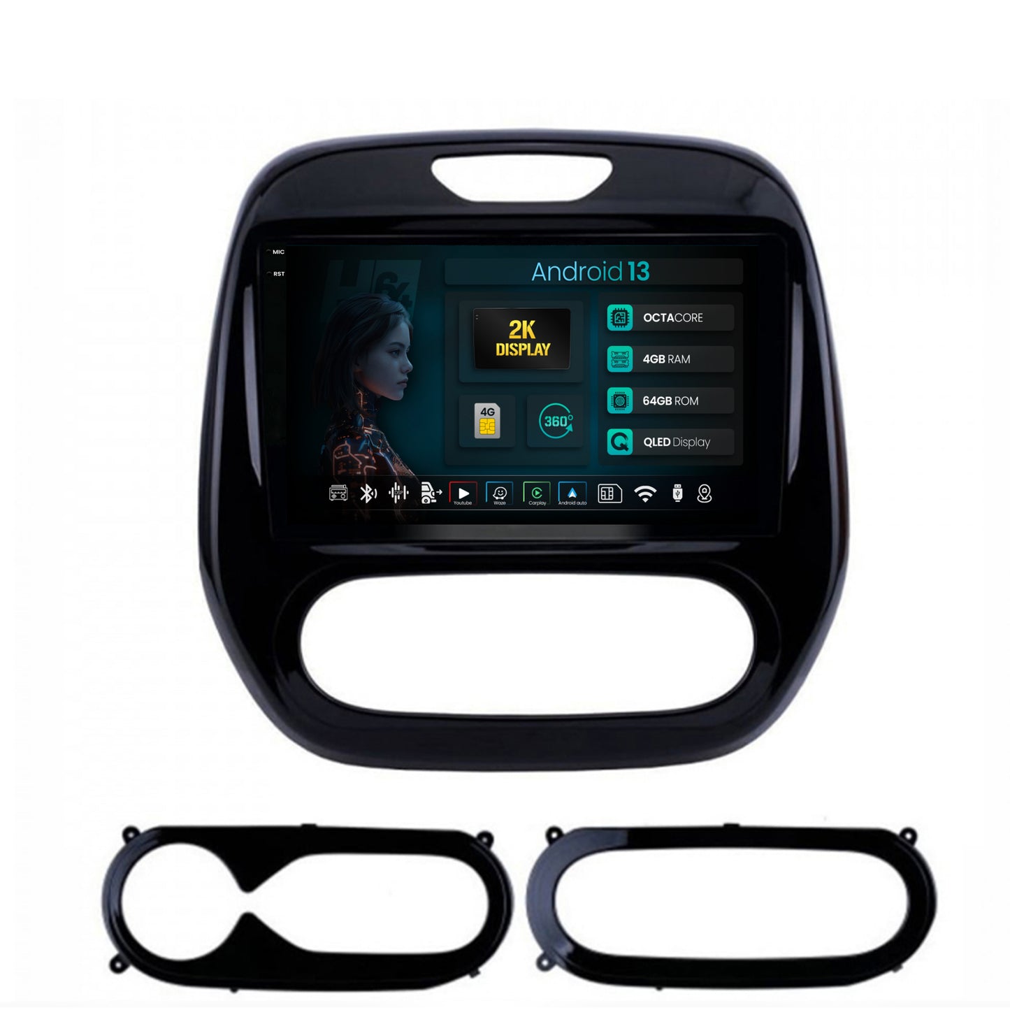 Navigatie 2K HUB64 Renault Captur (2013-2019), 4GB RAM, Android, Octacore, Slot Sim 4G, DSP, GPS, Wi-FI, Carplay, Android Auto, USB, Bluetooth, Waze, Touchscreen, 9.5 Inch