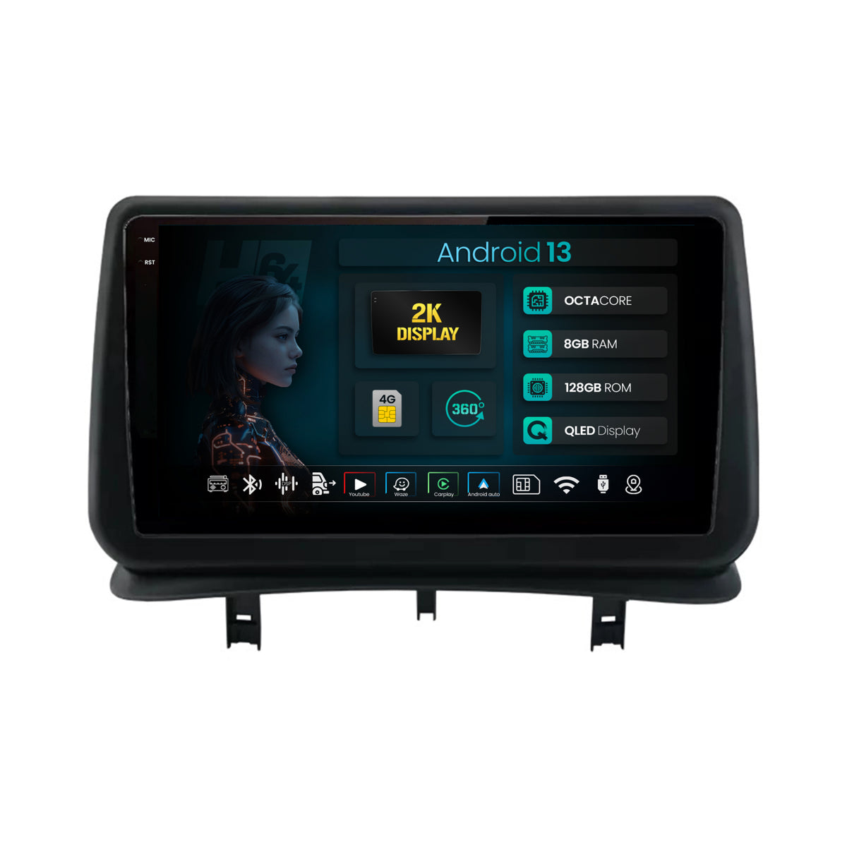 Navigatie 2K HUB64 Renault Clio 3 (2005-2013), 8GB RAM, Android, Octacore, Slot Sim 4G, DSP, GPS, Wi-FI, Carplay, Android Auto, USB, Bluetooth, Waze, Touchscreen, 9.5 Inch