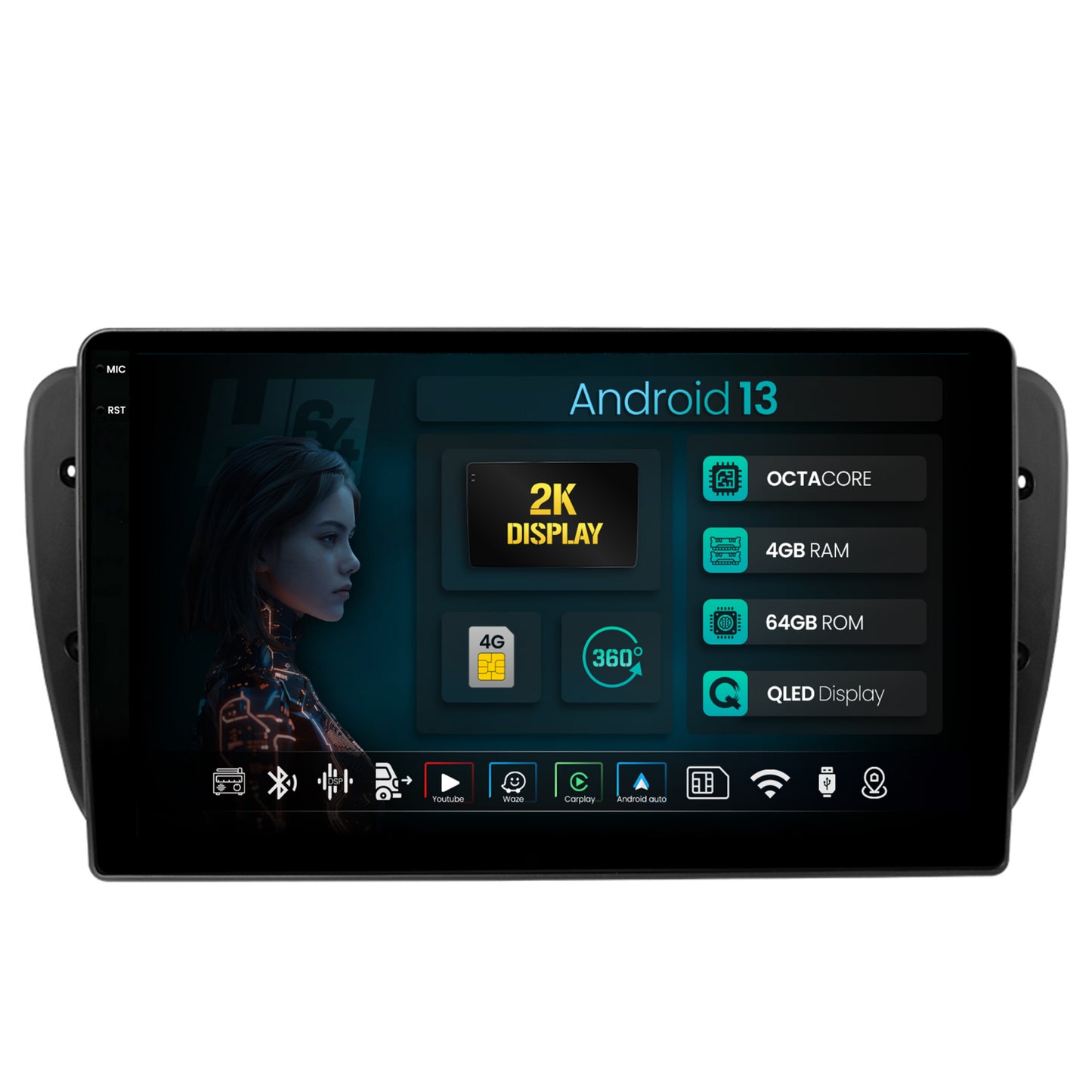Navigatie 2K HUB64 Seat Ibiza (2009-2013), 4GB RAM, Android, Octacore, Slot Sim 4G, DSP, GPS, Wi-FI, Carplay, Android Auto, USB, Bluetooth, Waze, Touchscreen, 9.5 Inch