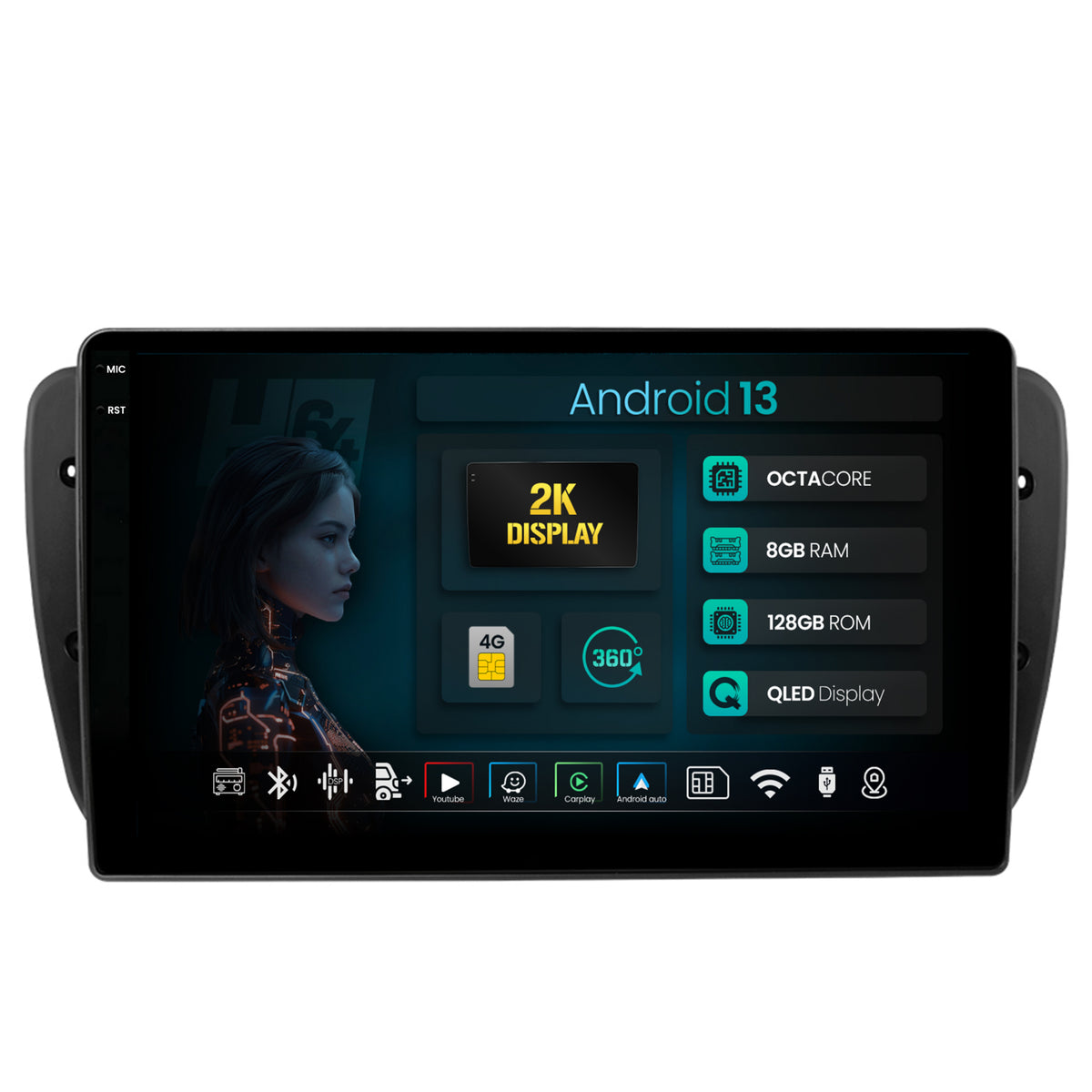 Navigatie 2K HUB64 Seat Ibiza (2009-2013), 8GB RAM, Android, Octacore, Slot Sim 4G, DSP, GPS, Wi-FI, Carplay, Android Auto, USB, Bluetooth, Waze, Touchscreen, 9.5 Inch