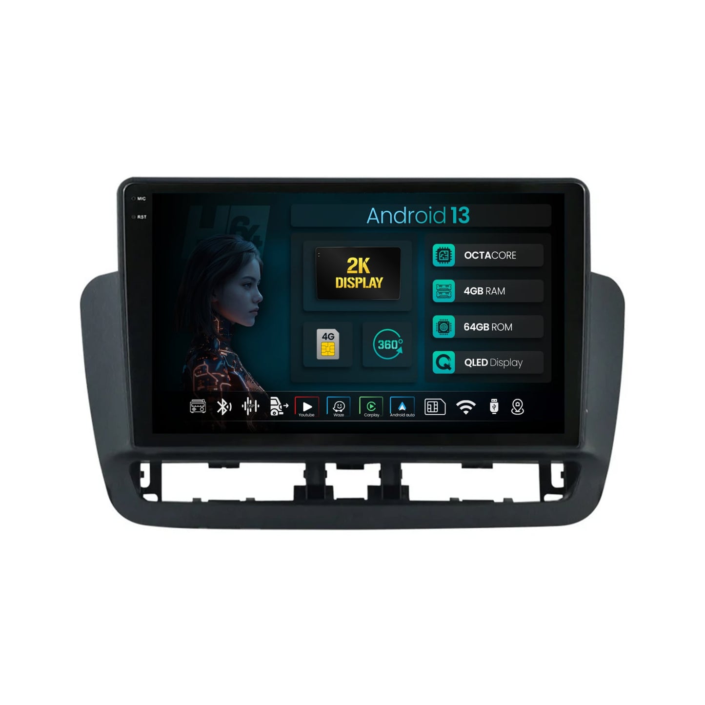 Navigatie 2K HUB64 Seat Ibiza IV (2014-2017), 4GB RAM, Android, Octacore, Slot Sim 4G, DSP, GPS, Wi-FI, Carplay, Android Auto, USB, Bluetooth, Waze, Touchscreen, 9.5 Inch