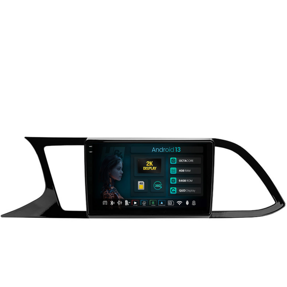 Navigatie 2K HUB64 Seat Leon 3 (2014-2020), 4GB RAM, Android, Octacore, Slot Sim 4G, DSP, GPS, Wi-FI, Carplay, Android Auto, USB, Bluetooth, Waze, Touchscreen, 9.5 Inch