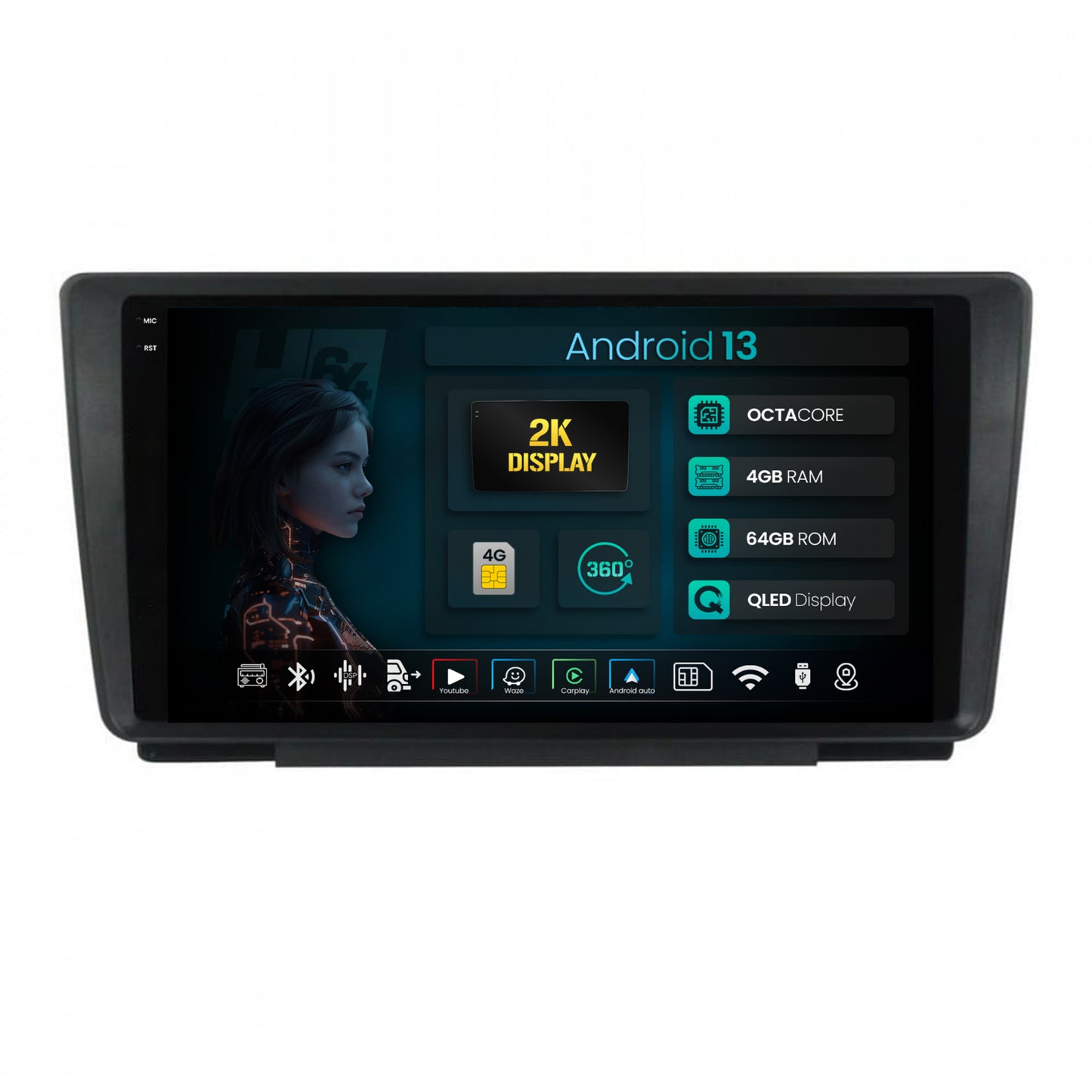 Navigatie 2K HUB64 Skoda Octavia 2, 4GB RAM, Android, Octacore, Slot Sim 4G, DSP, GPS, Wi-FI, Carplay, Android Auto, USB, Bluetooth, Waze, Touchscreen, 9.5 Inch