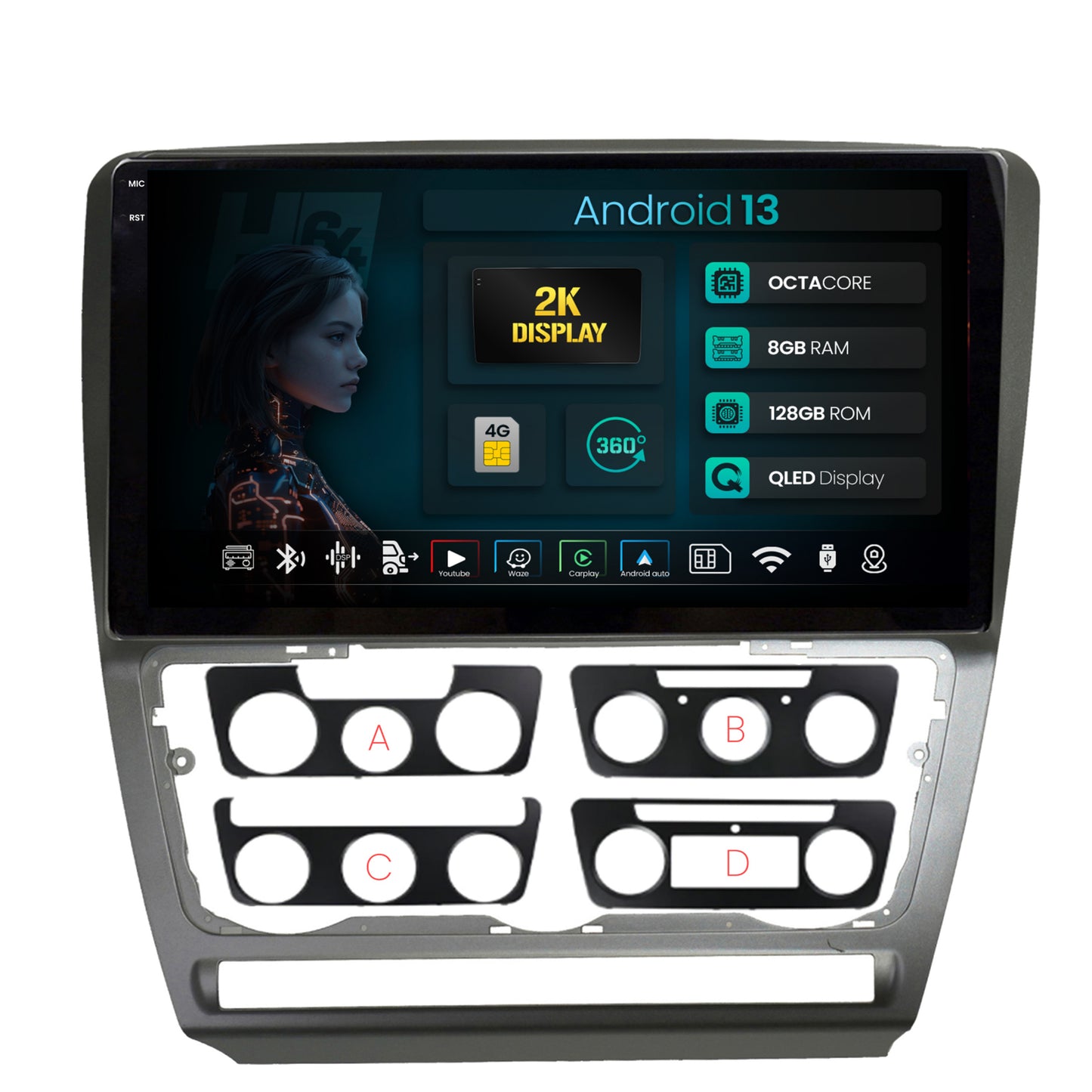 Navigatie 2K HUB64 Skoda Octavia 2, 8GB RAM, Android, Octacore, Slot Sim 4G, DSP, GPS, Wi-FI, Carplay, Android Auto, USB, Bluetooth, Waze, Touchscreen, 10.36 Inch