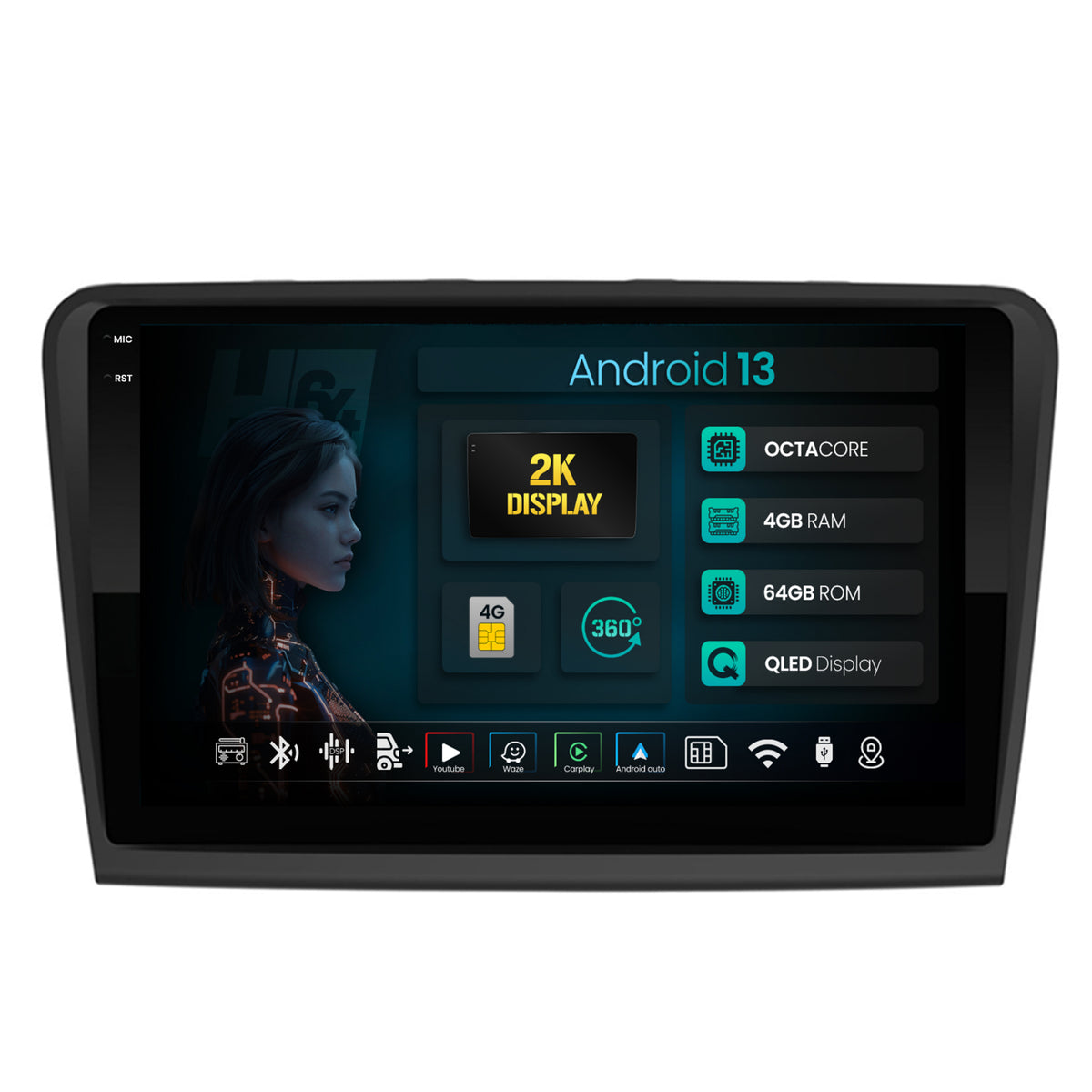 Navigatie 2K HUB64 Skoda Superb 2 (2008-2015), 4GB RAM, Android, Octacore, Slot Sim 4G, DSP, GPS, Wi-FI, Carplay, Android Auto, USB, Bluetooth, Waze, Touchscreen, 10.36 Inch