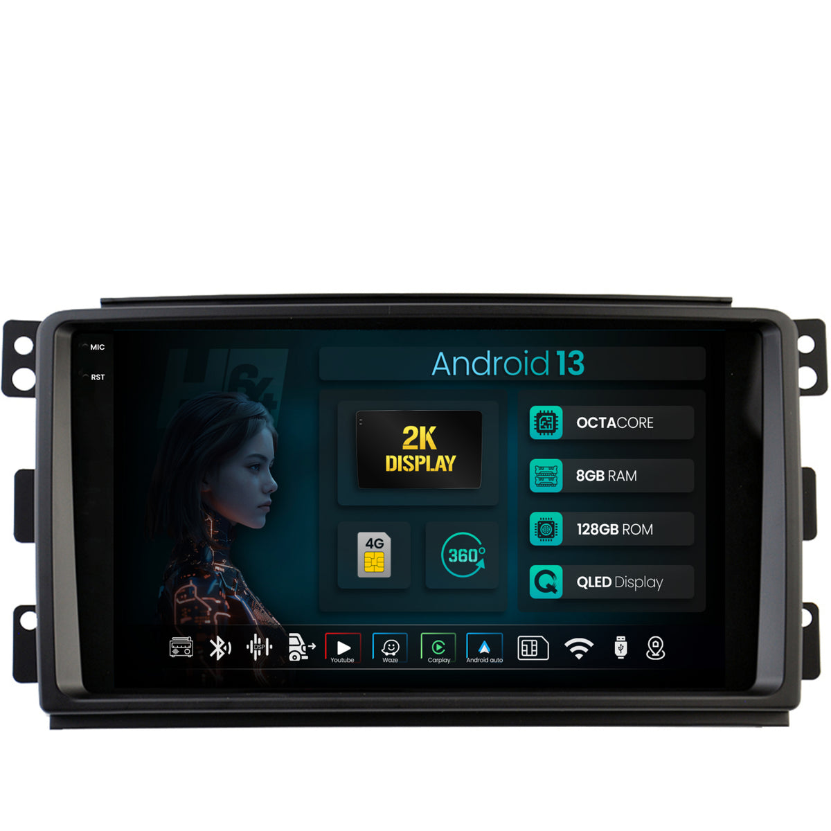 Navigatie 2K HUB64 Smart For Two (2007-2010), 8GB RAM, Android, Octacore, Slot Sim 4G, DSP, GPS, Wi-FI, Carplay, Android Auto, USB, Bluetooth, Waze, Touchscreen, 9.5 Inch
