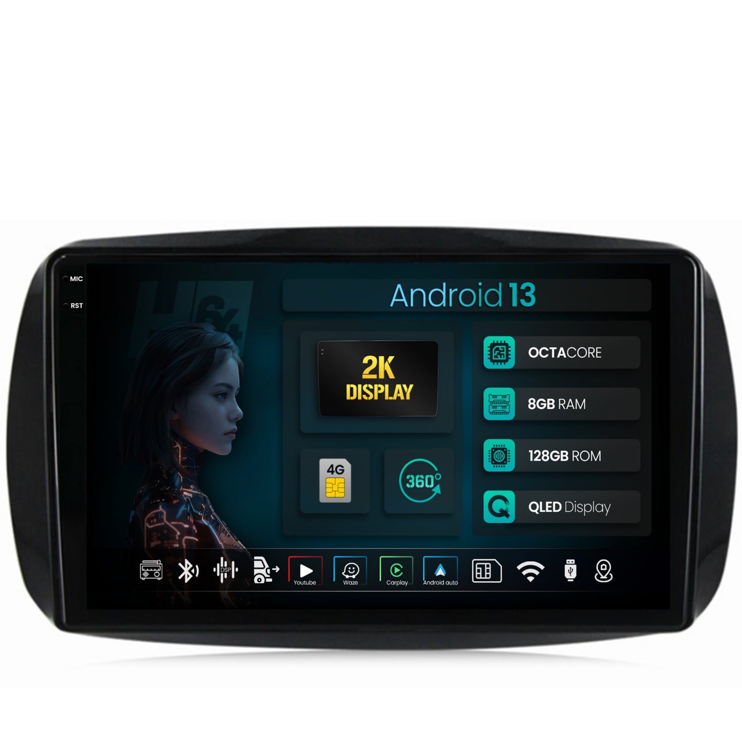 Navigatie 2K HUB64 Smart For Two (2016-Prezent), 8GB RAM, Android, Octacore, Slot Sim 4G, DSP, GPS, Wi-FI, Carplay, Android Auto, USB, Bluetooth, Waze, Touchscreen, 9.5 Inch