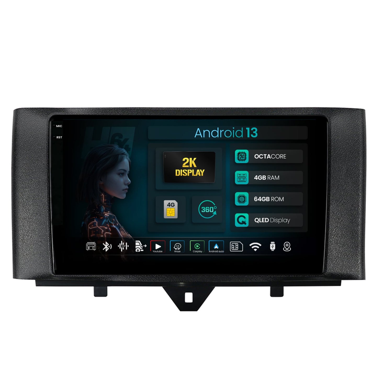 Navigatie 2K HUB64 Smart Fortwo (2010-2015), 4GB RAM, Android, Octacore, Slot Sim 4G, DSP, GPS, Wi-FI, Carplay, Android Auto, USB, Bluetooth, Waze, Touchscreen, 9.5 Inch