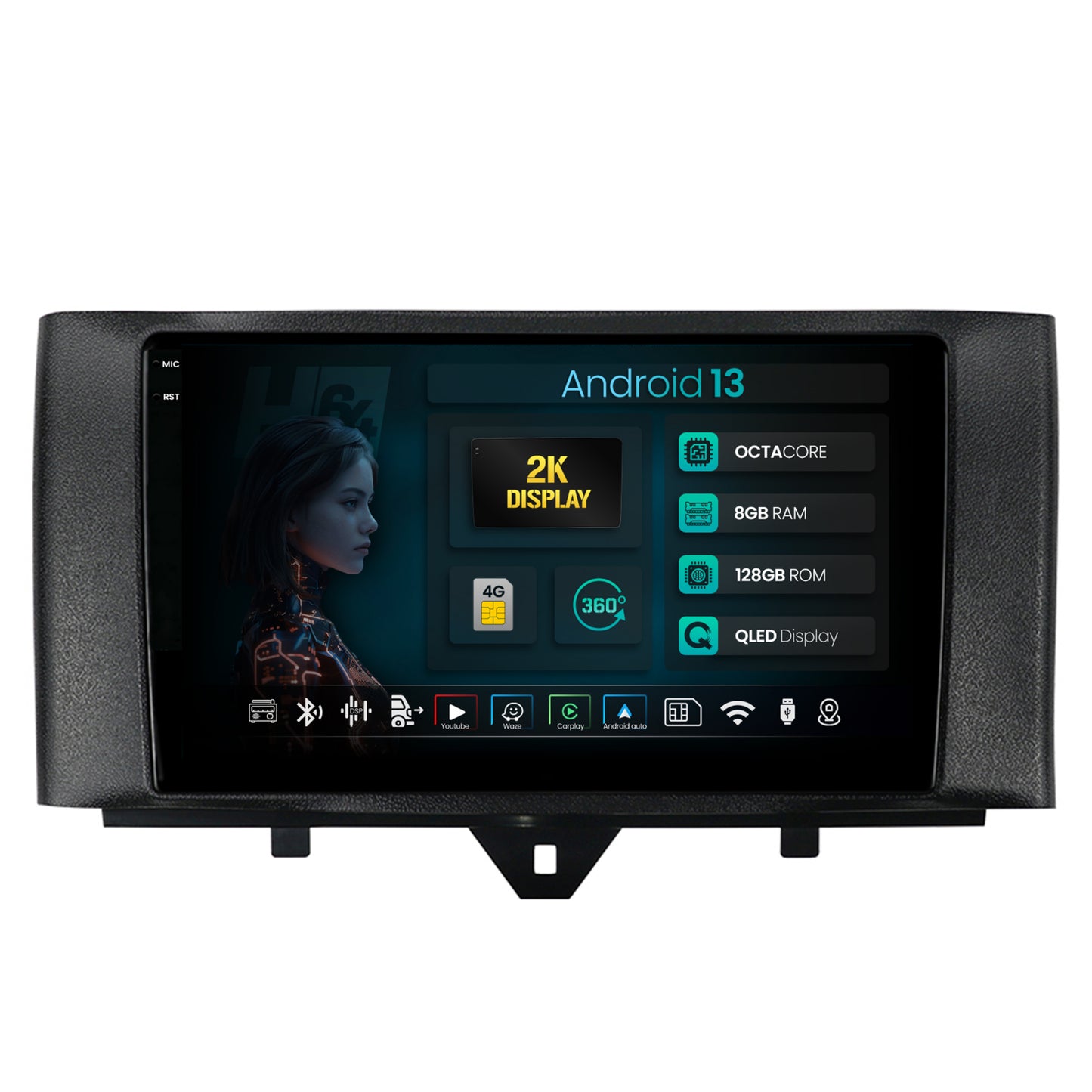 Navigatie 2K HUB64 Smart Fortwo (2010-2015), 8GB RAM, Android, Octacore, Slot Sim 4G, DSP, GPS, Wi-FI, Carplay, Android Auto, USB, Bluetooth, Waze, Touchscreen, 9.5 Inch