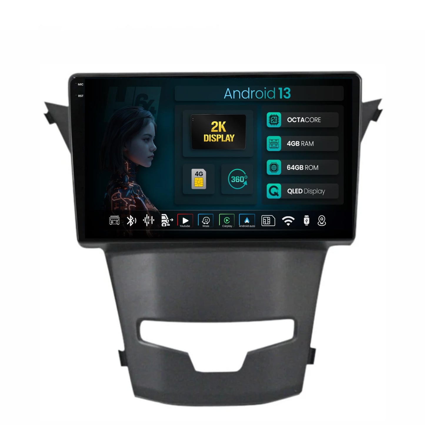 Navigatie 2K HUB64 Ssangyong Korando (2013-2019), 4GB RAM, Android, Octacore, Slot Sim 4G, DSP, GPS, Wi-FI, Carplay, Android Auto, USB, Bluetooth, Waze, Touchscreen, 9.5 Inch