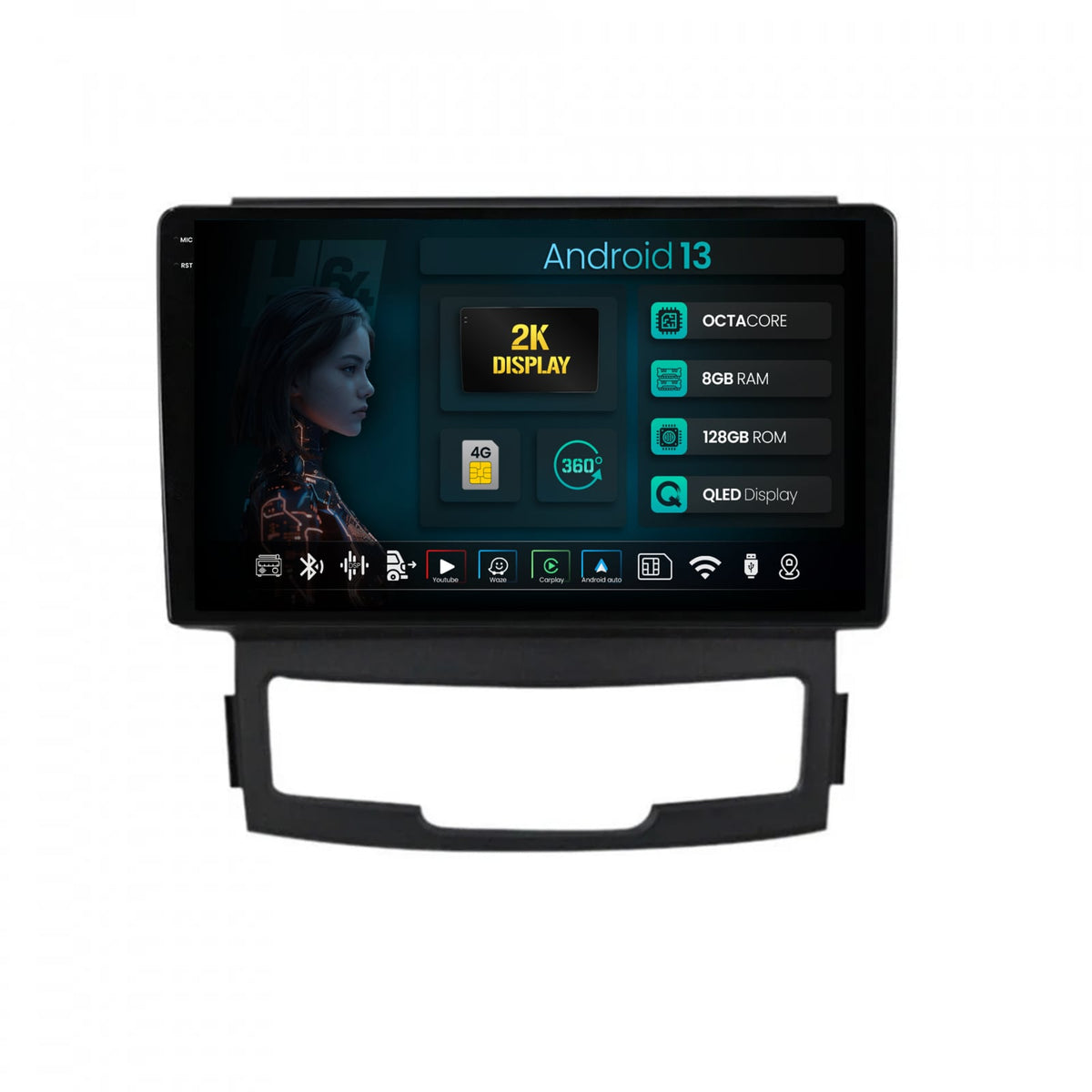 Navigatie 2K HUB64 Ssang Yong Korando (2010-2013), 8GB RAM, Android, Octacore, Slot Sim 4G, DSP, GPS, Wi-FI, Carplay, Android Auto, USB, Bluetooth, Waze, Touchscreen, 9.5 Inch