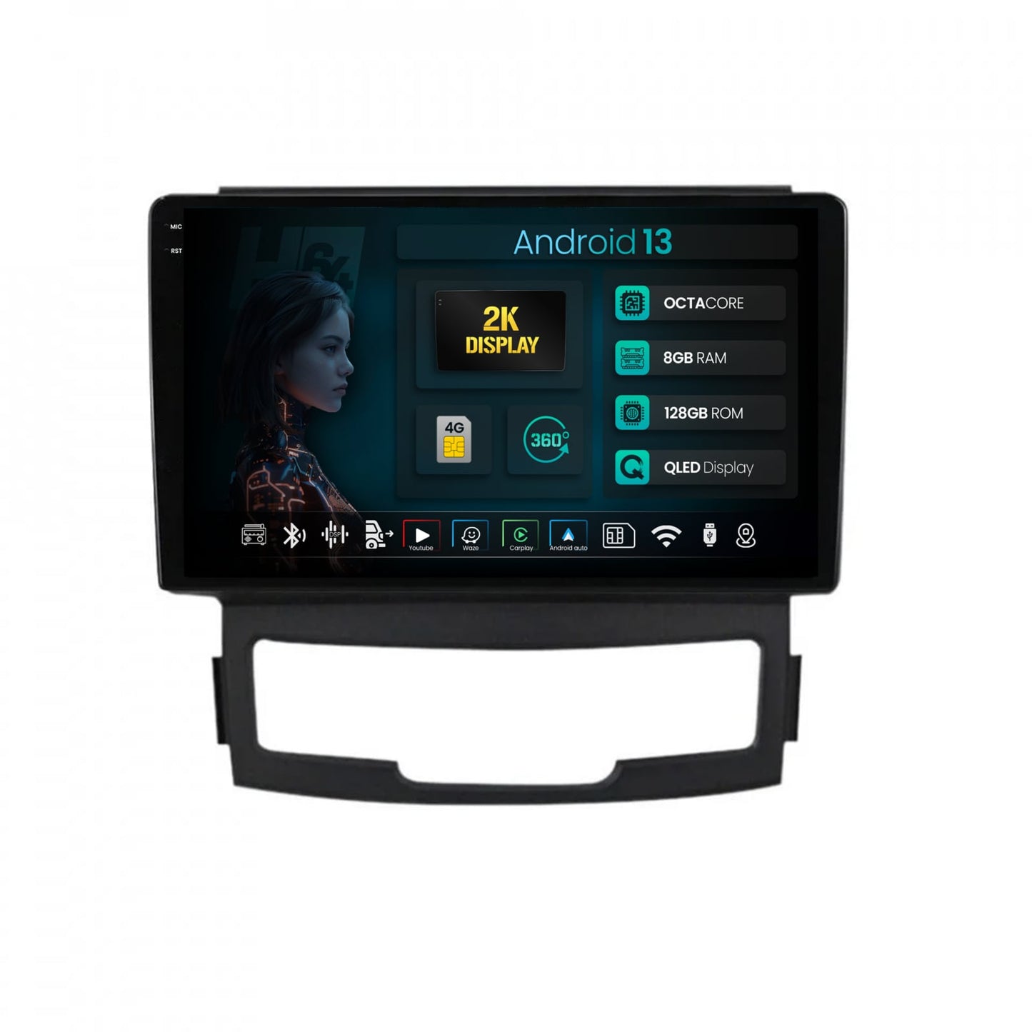 Navigatie 2K HUB64 Ssang Yong Korando (2010-2013), 8GB RAM, Android, Octacore, Slot Sim 4G, DSP, GPS, Wi-FI, Carplay, Android Auto, USB, Bluetooth, Waze, Touchscreen, 9.5 Inch