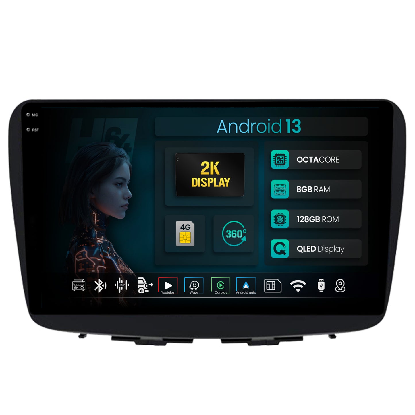 Navigatie 2K HUB64 Suzuki Baleno, 8GB RAM, Android, Octacore, Slot Sim 4G, DSP, GPS, Wi-FI, Carplay, Android Auto, USB, Bluetooth, Waze, Touchscreen, 9.5 Inch