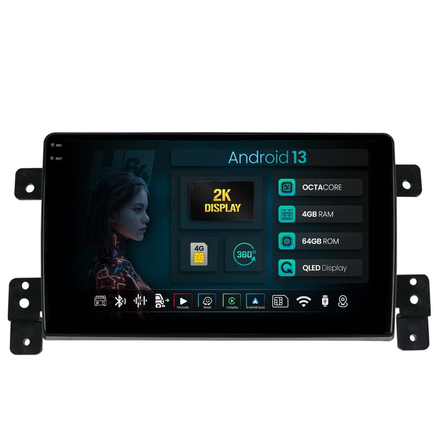Navigatie 2K HUB64 Suzuki Grand Vitara (2005-2015), 4GB RAM, Android, Octacore, Slot Sim 4G, DSP, GPS, Wi-FI, Carplay, Android Auto, USB, Bluetooth, Waze, Touchscreen, 9.5 Inch