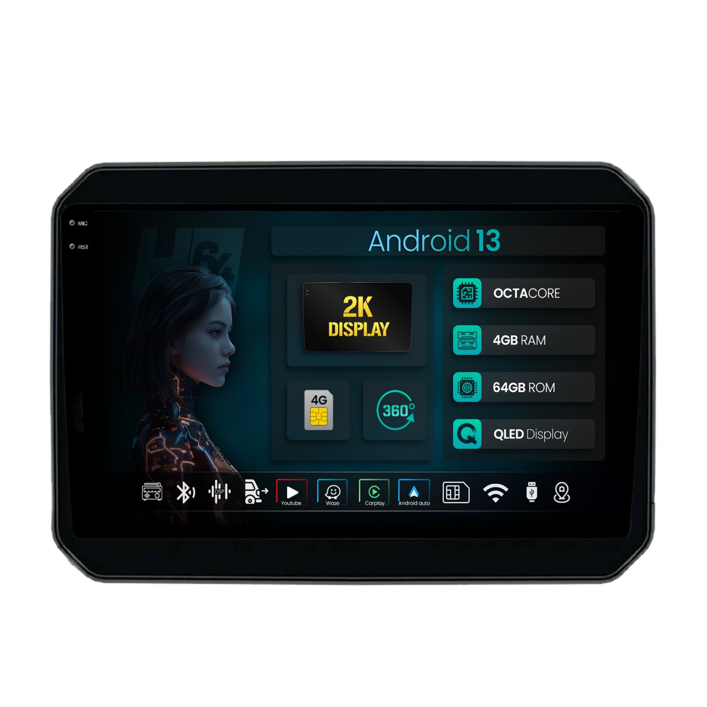 Navigatie 2K HUB64 Suzuki Ignis (2016+), 4GB RAM, Android, Octacore, Slot Sim 4G, DSP, GPS, Wi-FI, Carplay, Android Auto, USB, Bluetooth, Waze, Touchscreen, 9.5 Inch