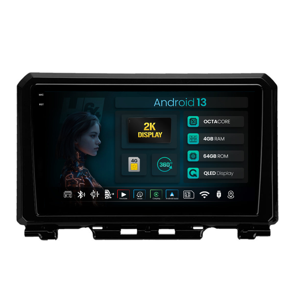 Navigatie 2K HUB64 Suzuki Jimny (2018-2022), 4GB RAM, Android, Octacore, Slot Sim 4G, DSP, GPS, Wi-FI, Carplay, Android Auto, USB, Bluetooth, Waze, Touchscreen, 9.5 Inch