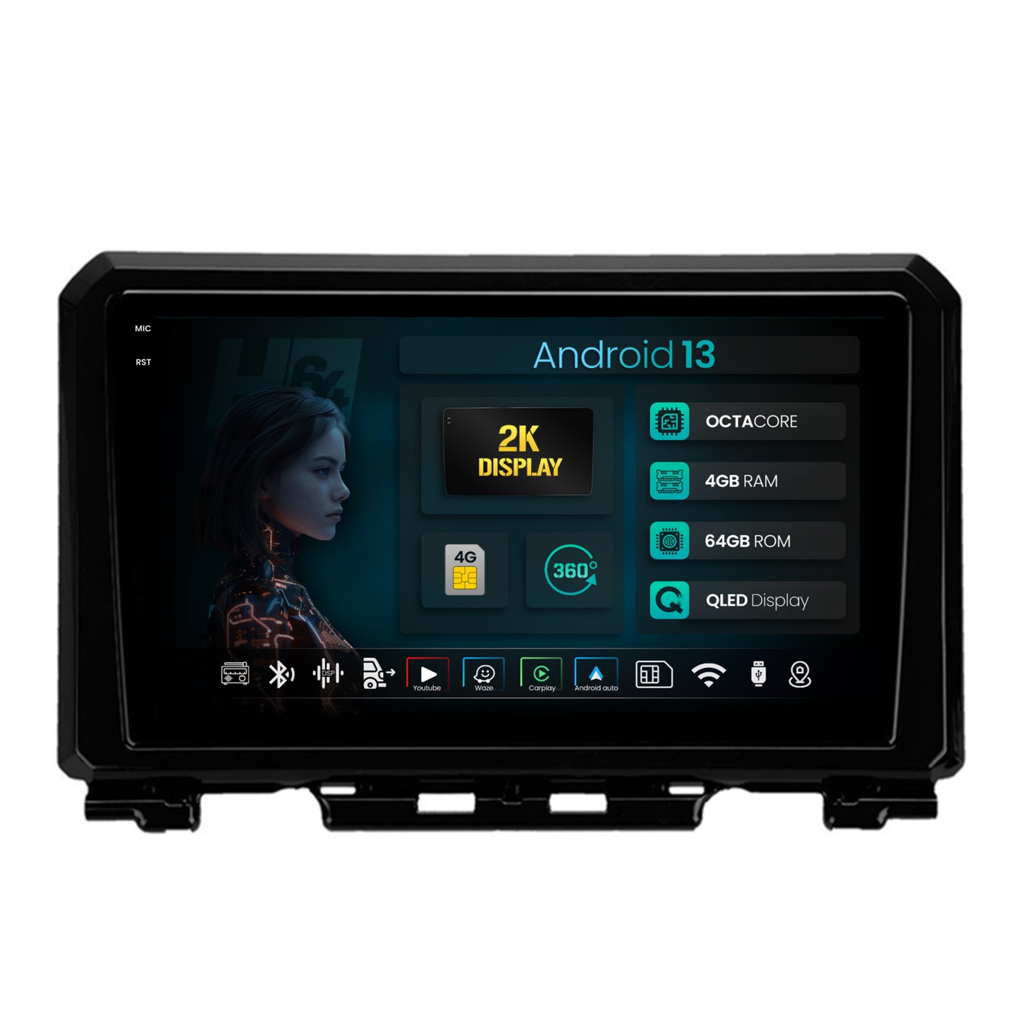 Navigatie 2K HUB64 Suzuki Jimny (2018-2022), 4GB RAM, Android, Octacore, Slot Sim 4G, DSP, GPS, Wi-FI, Carplay, Android Auto, USB, Bluetooth, Waze, Touchscreen, 9.5 Inch